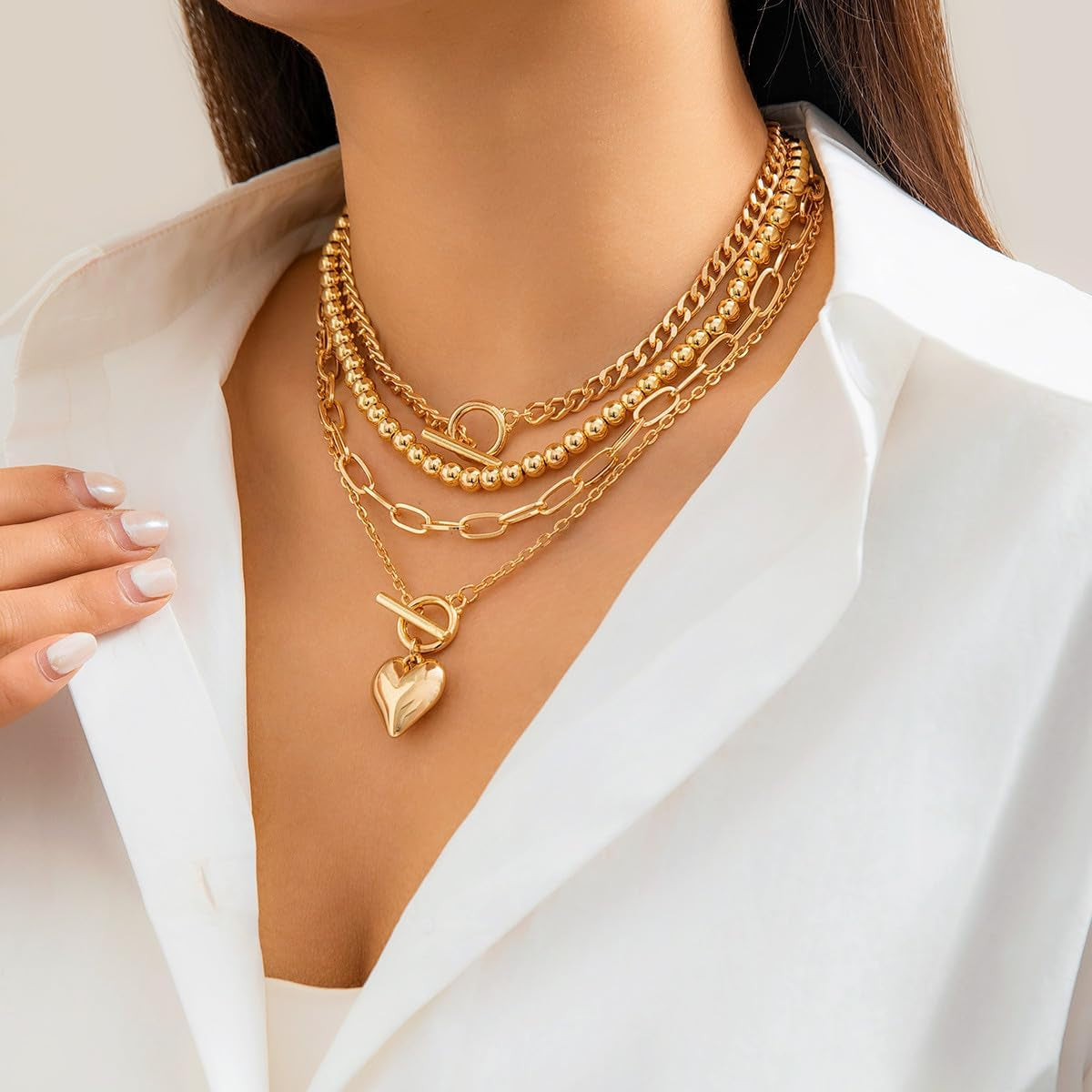 Layered Necklace for Women Non Tarnish Chunky Necklace Stack for Women Paperclip Chain Necklaces Retro Coin Medallion Heart Pendant Necklaces Chunky Jewelry Set