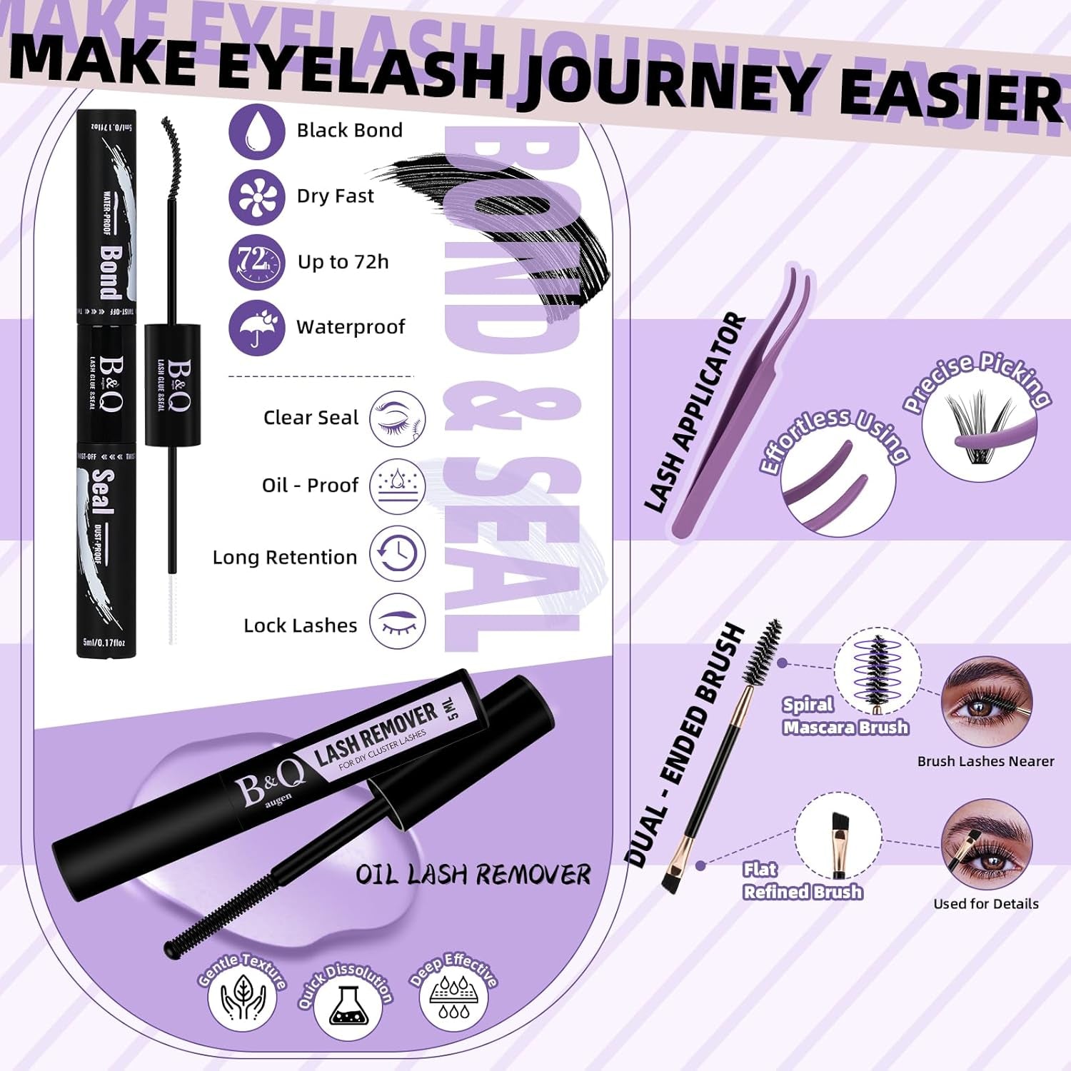 Eyelash Extension Kit with Bottom Lash Extension 10-18Mm 50D D Curl Lash Clusters Kit with Bottom Lashes DIY Lash Extension Kit Bond and Seal Lash Applicator (Kit-50D-D-Mix10-18)
