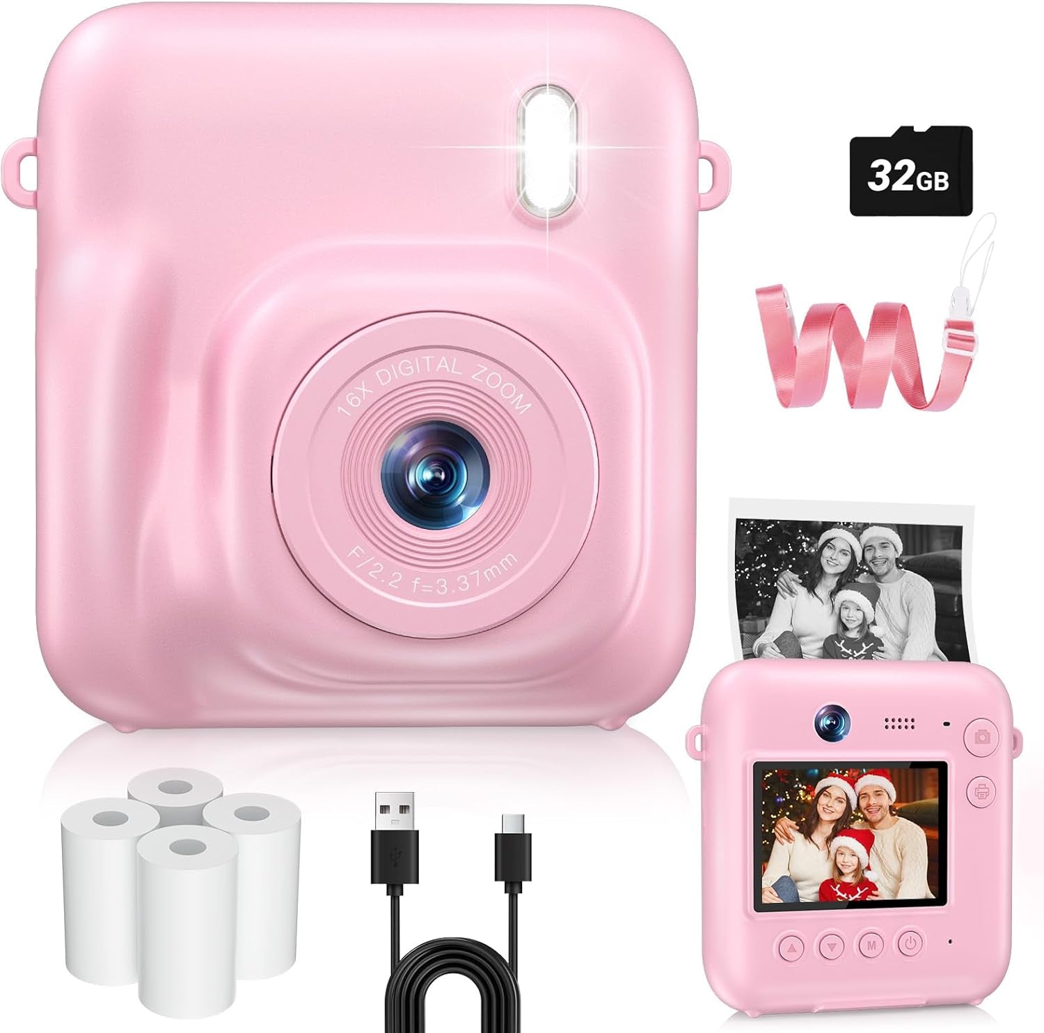Kids Camera Instant Print, 48MP Dual-Lens Digital Camera for Girls Boys Christmas Birthday Gifts, 1080P Selfie Instant Cameras for Kids Video, Portable Toddler for 4-12 Years Old with 32GB Card-Pink