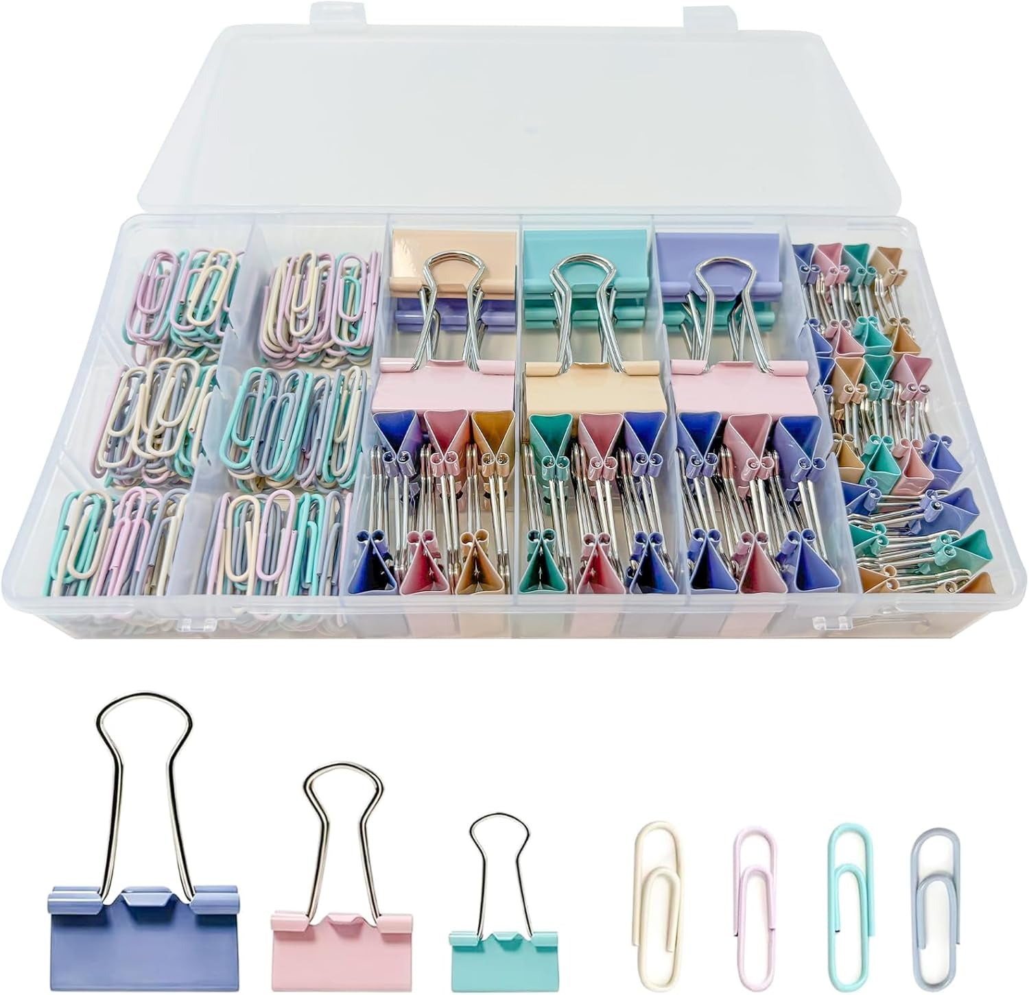 260 PCS Colored Paper Clips and Binder Clips Set, 28Mm Paperclips with Assorted Sizes Binder Clips Large Medium Small, Soft Pastel for Home Office School Supplies, Desk Organization in Container