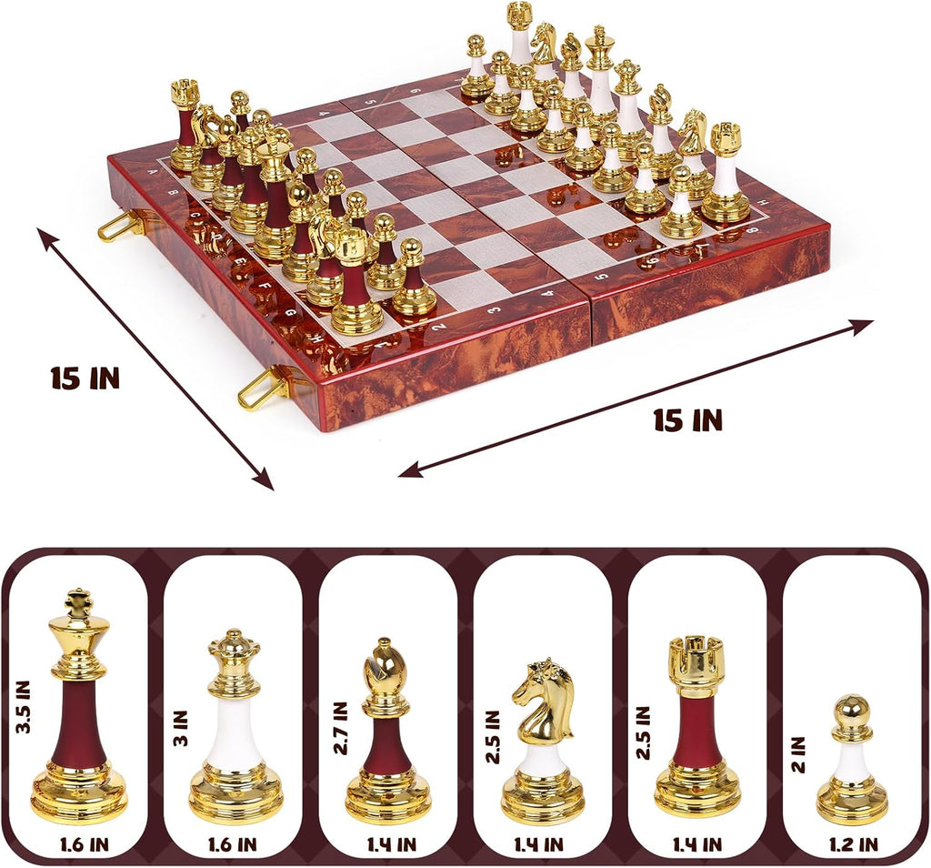 15 Inch Chess Set with Weighted Acrylic Chess Pieces – Tournament Size 3.5” King – Elegant Folding Chess Board for Adults and Kids, Professional Family Chess Board Game Set for Home, Office & Gift