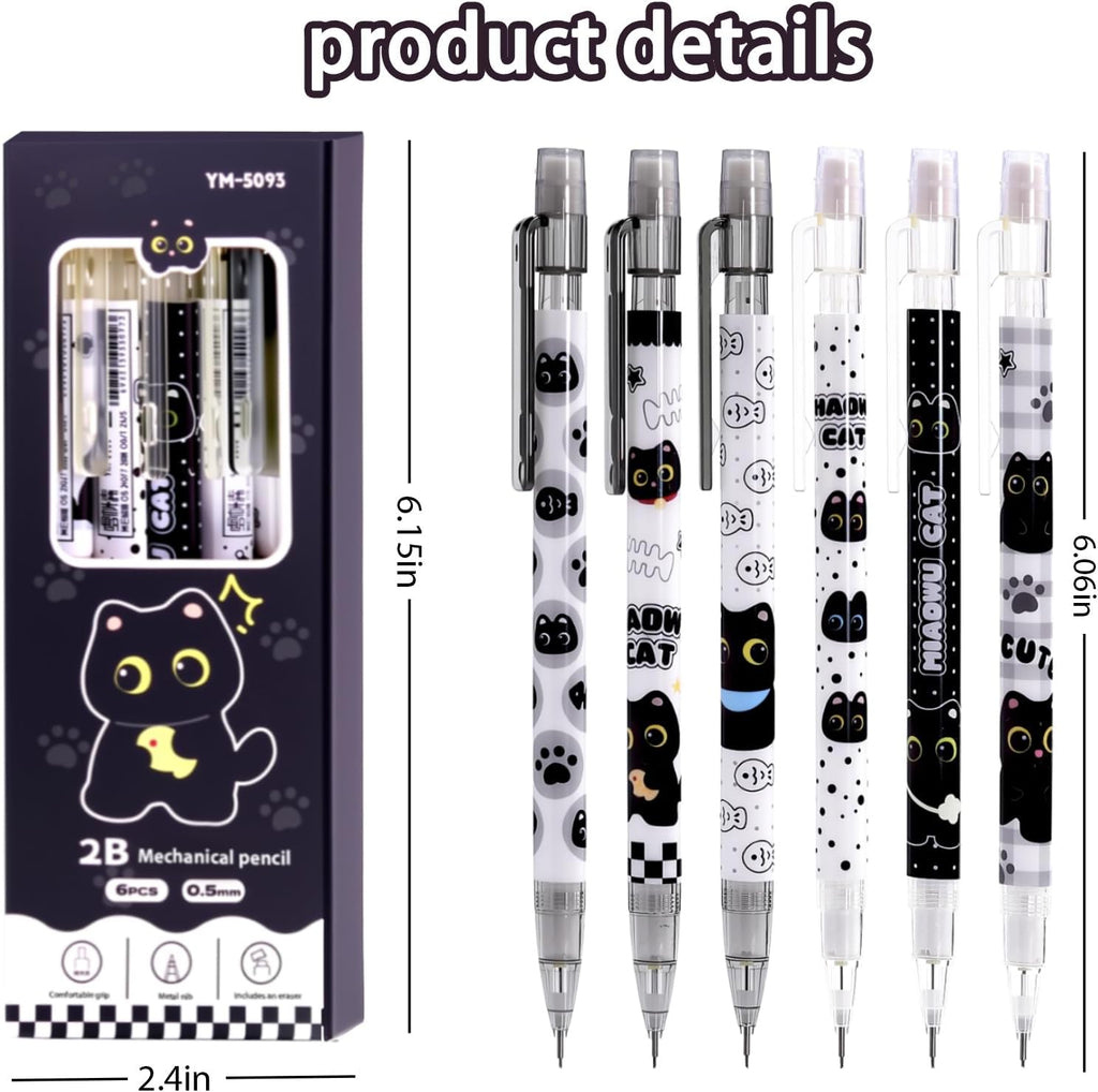 Black Cute Cat Stationery Set Cat School Supplies Including Sticky Notes,Mechanical Pencils,Eraser,Notebook,Stickers Etc Kawaii Birthday Gifts Classroom Rewards (Black Cute Cat)