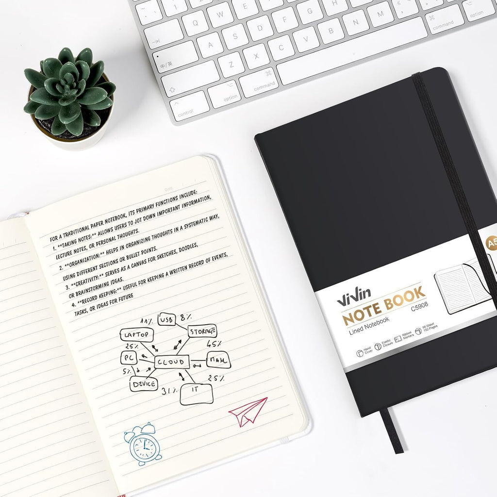 Lined Black Journal Notebook for Writing, 192 Pages, A5 Hardcover Notebooks For