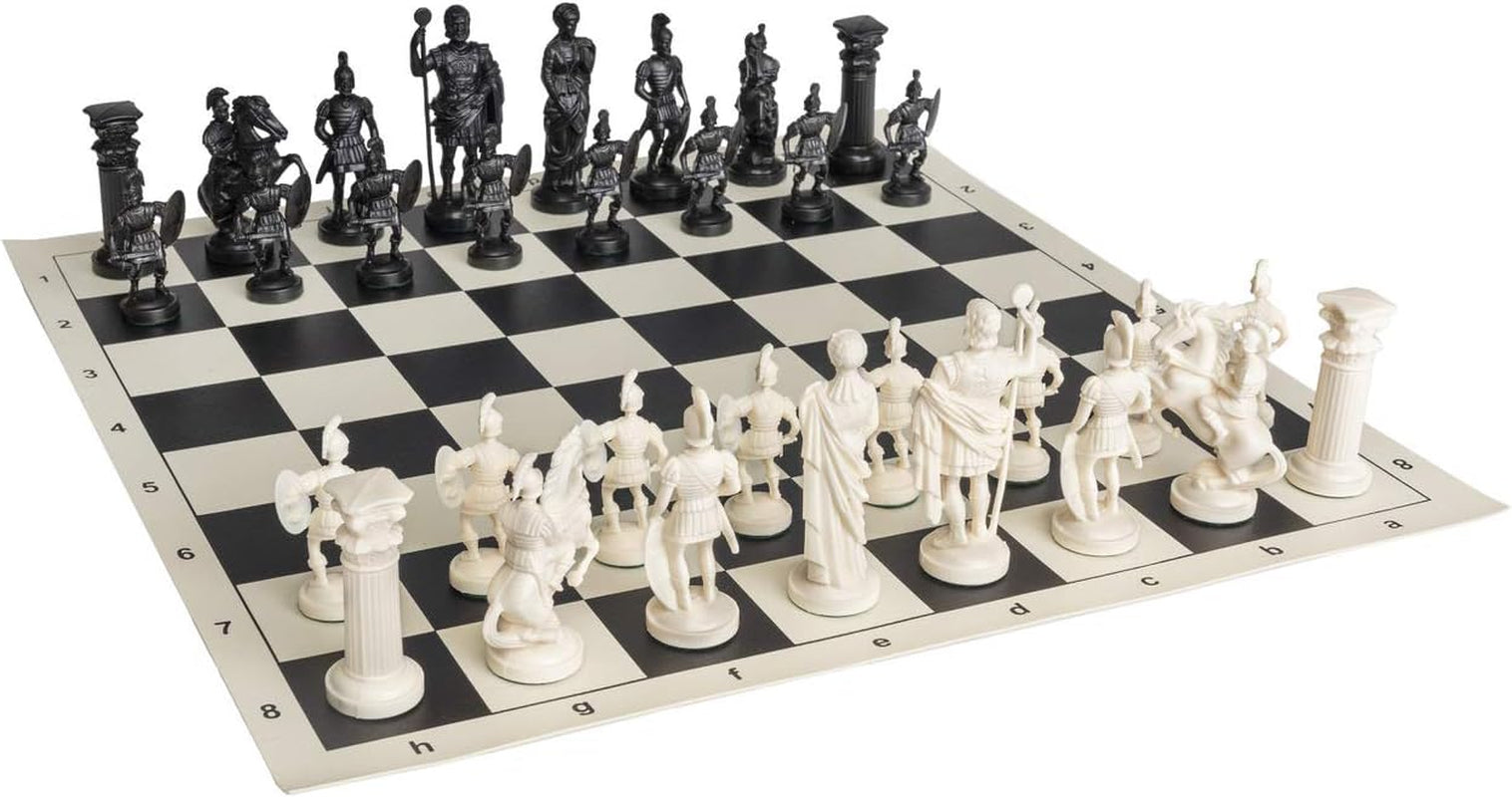 Roman Chess Set - Vinyl Chess Board Black/White- Size 17,3" + Roman Chess Pieces 3,75" Black/White