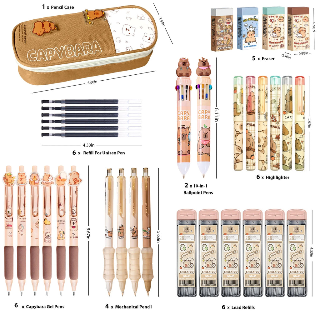 Cute Capybara Stationery Set,Kawaii Stationery Christmas Birthday Gifts,Includes Ballpoint Pens,Erasers, Mechanical Pencils,Lead Refills,Gel Pens, Highlighter,For Office Home Supplies