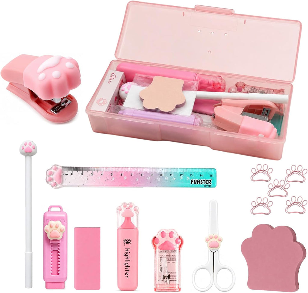 13Pcs College School Supplies Set Includes Desktop Stapler and Staples, Eraser, Ruler, Sticky Notes, Sharpener, Highlighter, Office Accessories Pink Stationery Kit for Birthday Gift Women