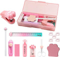 13Pcs College School Supplies Set Includes Desktop Stapler and Staples, Eraser, Ruler, Sticky Notes, Sharpener, Highlighter, Office Accessories Pink Stationery Kit for Birthday Gift Women
