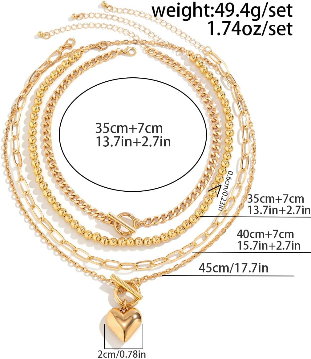 Layered Necklace for Women Non Tarnish Chunky Necklace Stack for Women Paperclip Chain Necklaces Retro Coin Medallion Heart Pendant Necklaces Chunky Jewelry Set