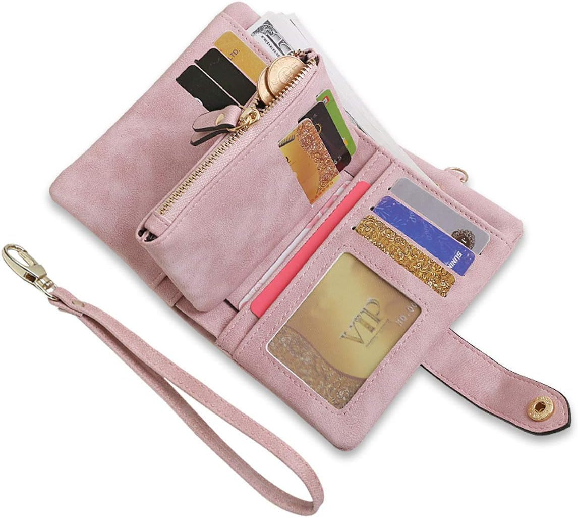 TOPKULL Bifold Small Rfid Soft Leather Ladies Trifold Wallets Billfolds Mini Wristlet Clutch Cute Zipper Coin Purse with Wrist Strap (Pink)