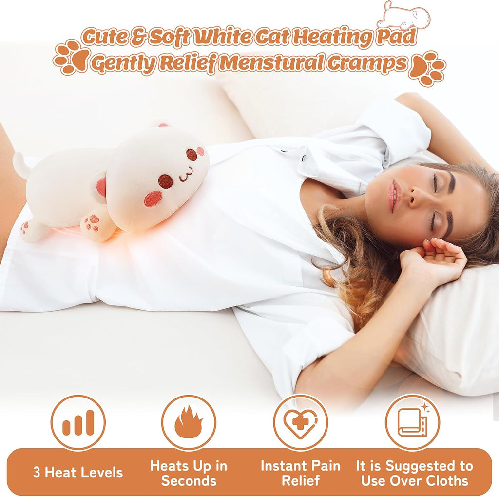 Electric Heating Pad for Period Cramps, Cuddly Soft 14" White Cat Plush with a Hot Soft Belly USB Powered, Heating Pad Neck Shoulder Pain Relief, Gift for Women Daughter Wife