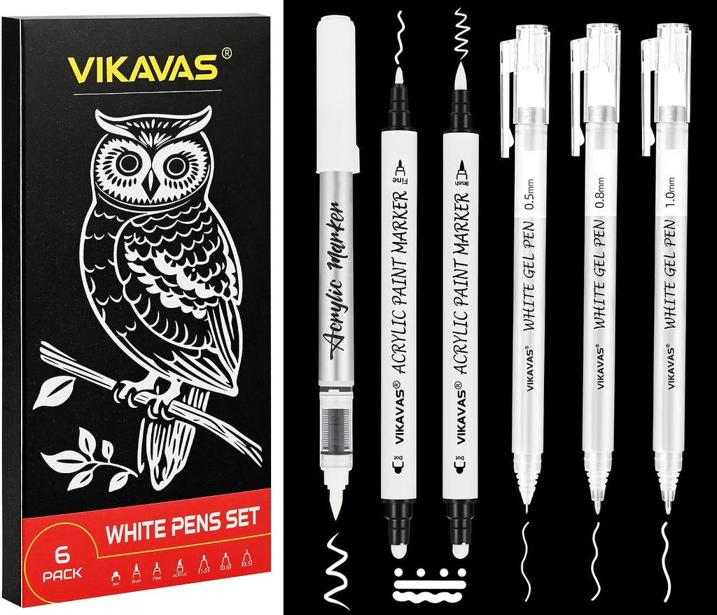 6PCS White Gel Pens for Dark Paper – 3 Fine Gel Pens (1.0Mm, 0.8Mm, 0.5Mm) + 2 Dual-Tip Acrylic Paint Pens + 1 Liquid Ink Brush Pen for Adult Artists Journaling, Illustration, Lettering
