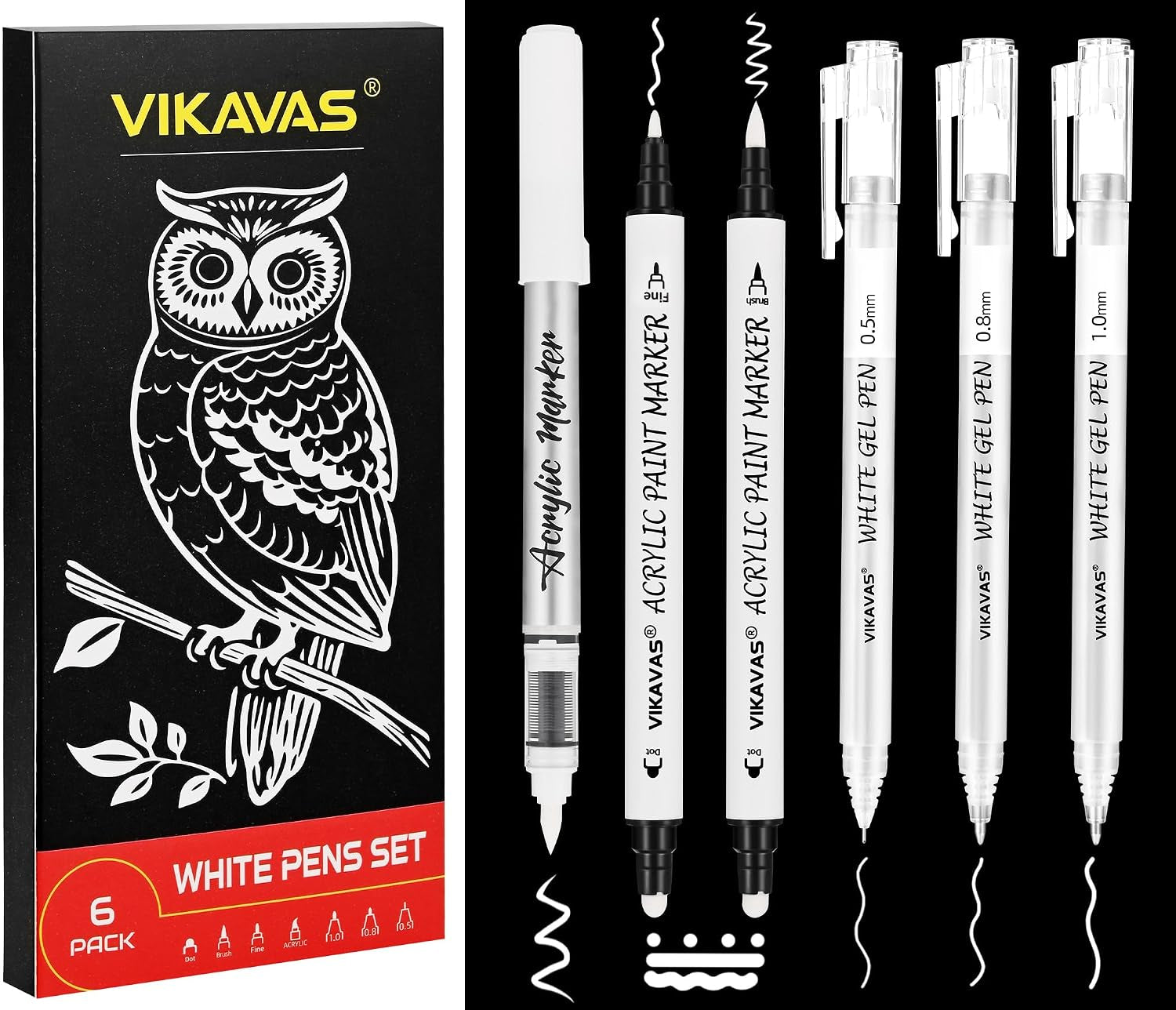 6PCS White Gel Pens for Dark Paper – 3 Fine Gel Pens (1.0Mm, 0.8Mm, 0.5Mm) + 2 Dual-Tip Acrylic Paint Pens + 1 Liquid Ink Brush Pen for Adult Artists Journaling, Illustration, Lettering