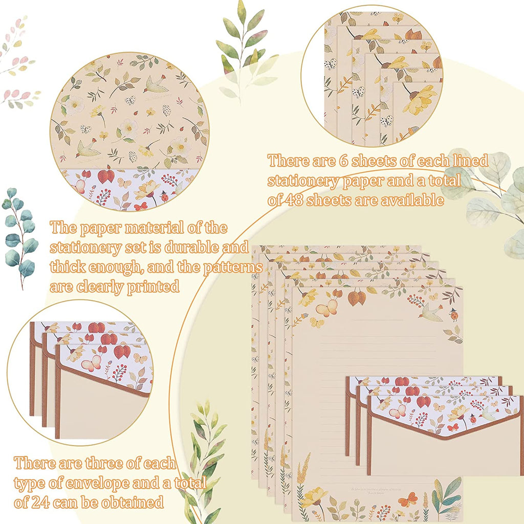 72Pcs Stationery Paper and Envelopes Set Contain 48Pcs Letter Paper 24Pcs Envelopes Double Sided Floral Design Lined Stationary Set for Writing Letters Poem Office School Supplies