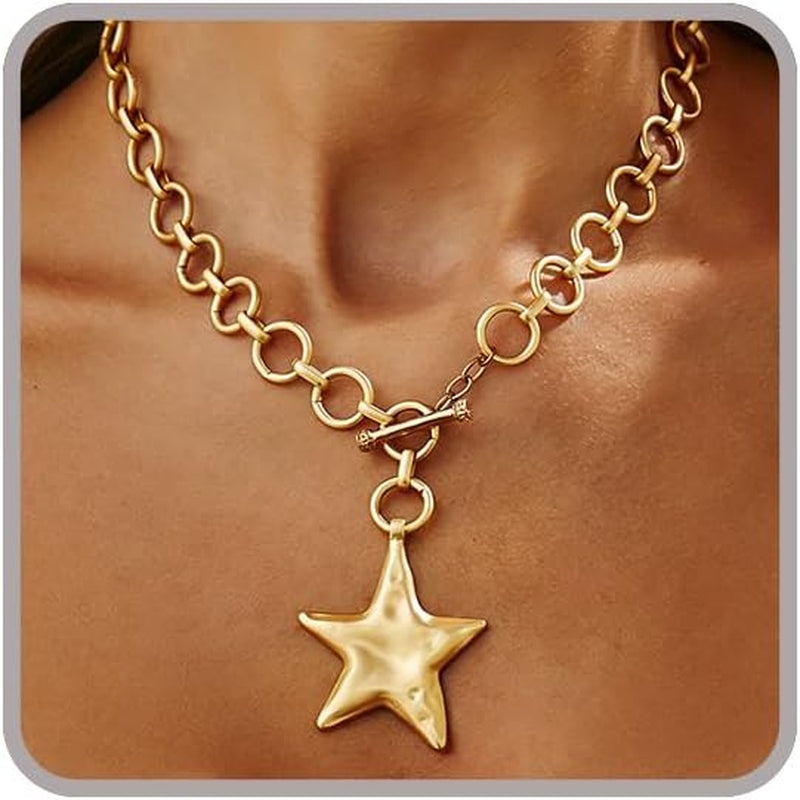 Chunky Star Necklace for Women Trendy Big Statement Necklace Large Star Pendant Necklaces Thick Chain OT Toggle Necklaces Boho Chunky Jewelry