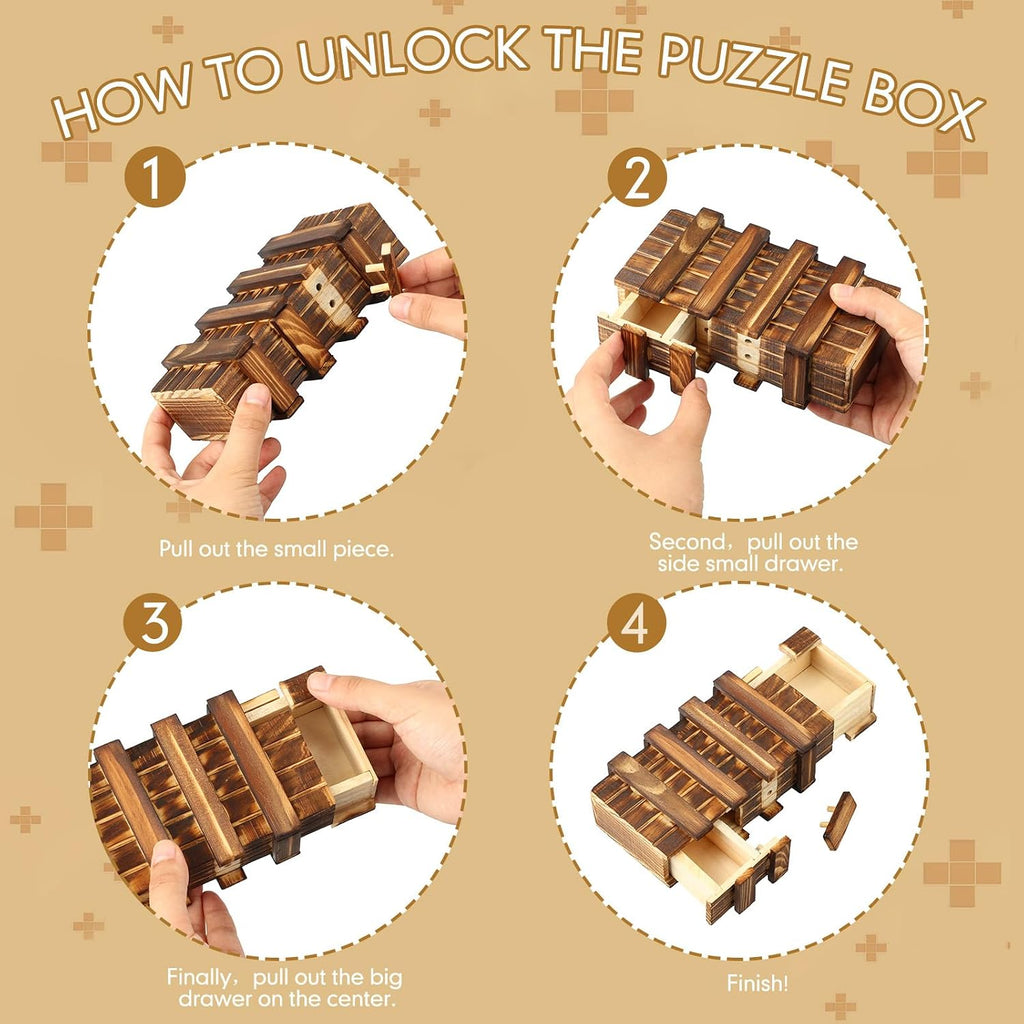 Secret Puzzle Box Cash Gift Wooden Puzzle Box for Adults Brain Teaser Wooden with Hidden Compartments for Christmas Cash Gift (Brown,15.5 X 8.4 X 5 Cm,Three Opening)