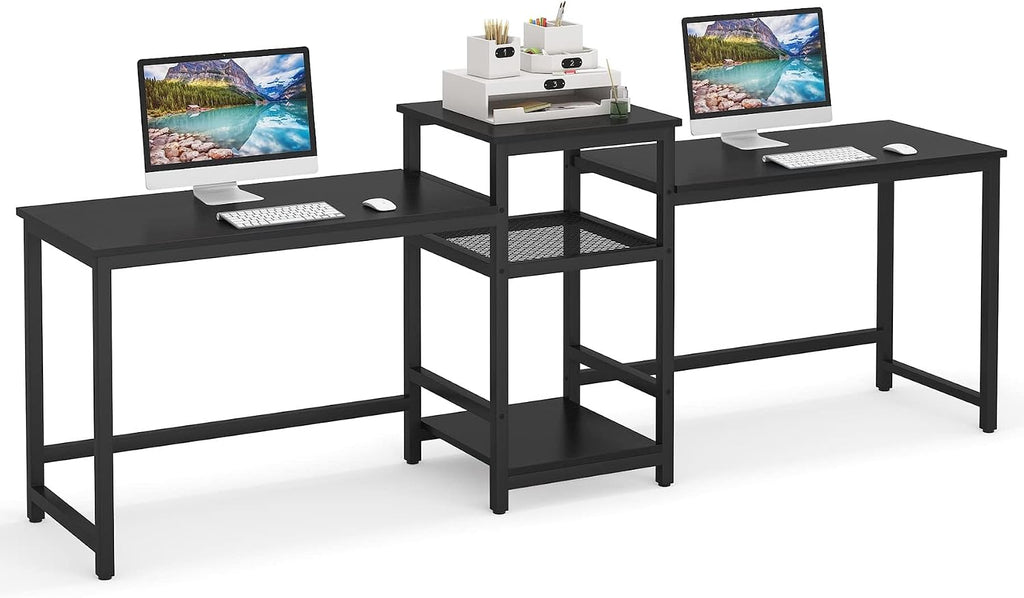 Tribesigns 96.9" Double Computer Desk with Printer Shelf, Extra Long Two Person Desk Workstation with Storage Shelves, Large Office Desk Study Writing Table for Home Office (Black)