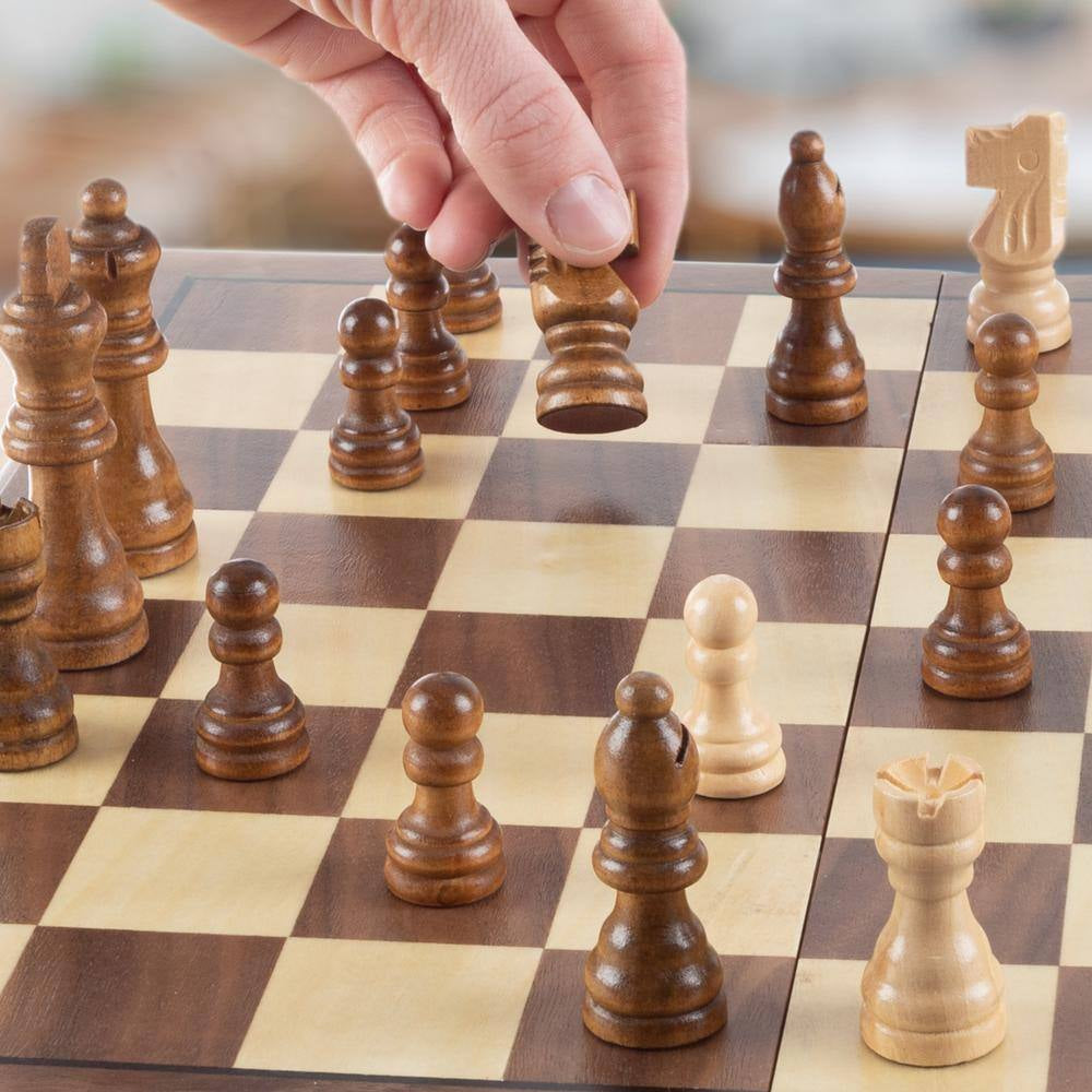 3-In-1 Deluxe Wooden Chess, Backgammon and Chess Set