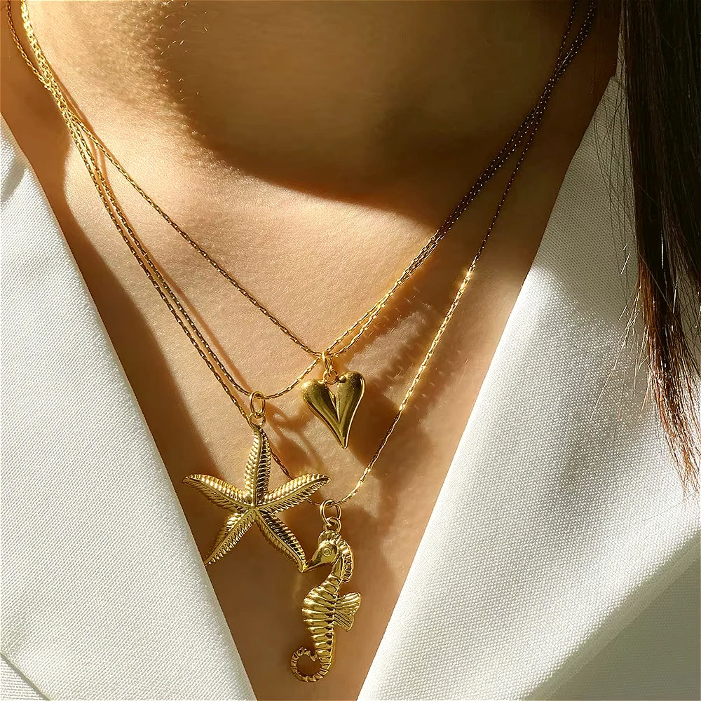 Ocean Series Golden Choker Stainless Steel Pendant Necklace for Women Shell Starfish Pendants Women'S Chunky Jewelry Accessories