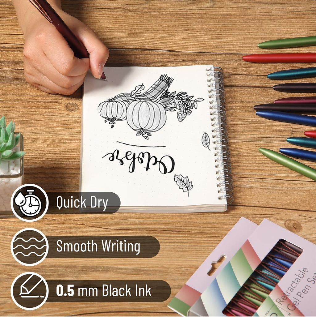 - Retractable Gel Pens, 12 Pack, Black Ink | Metallic Dark Vintage Barrels, Fine Point 0.5 Mm, Fast Dry, Smooth Writing, Cute Pens for Drawing