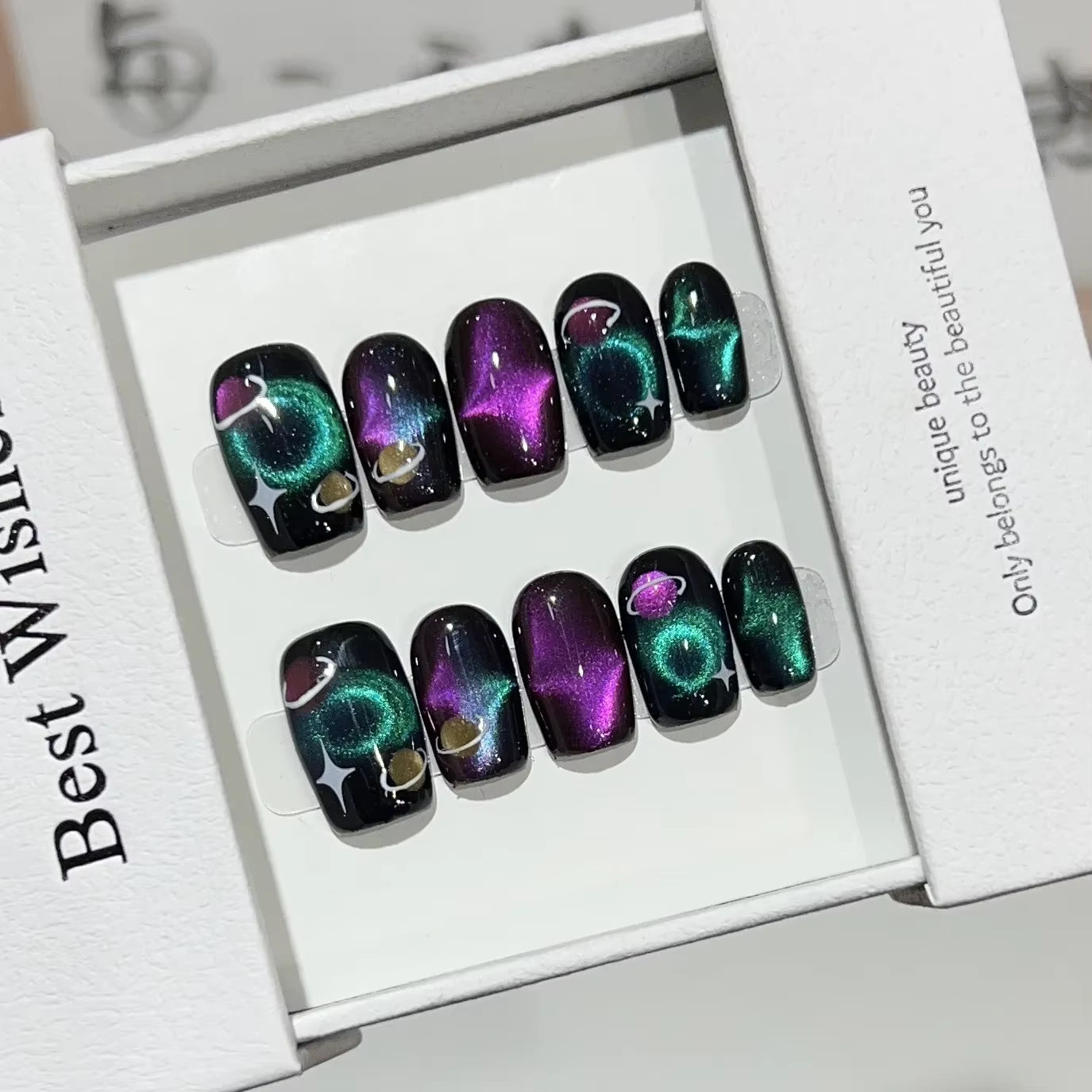 10Pcs Black Handmade Press on Nails Short round Head Cat Eye Design Full Cover Fake Nails Artificial Wearable Manicure Nail Tips