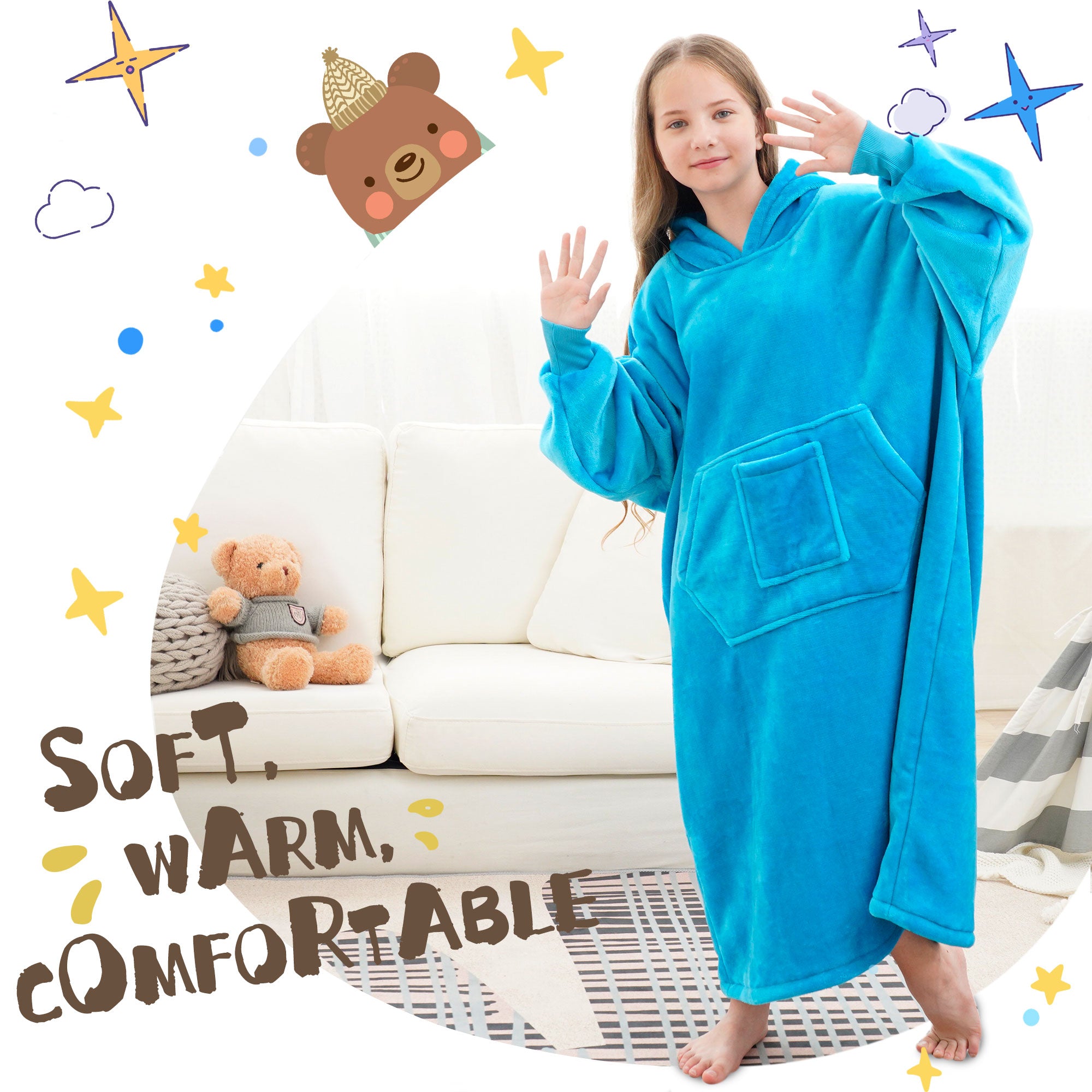 Oversized Wearable Blanket Hoodie Sweatshirt for Unisex Boy and Girl-Blue