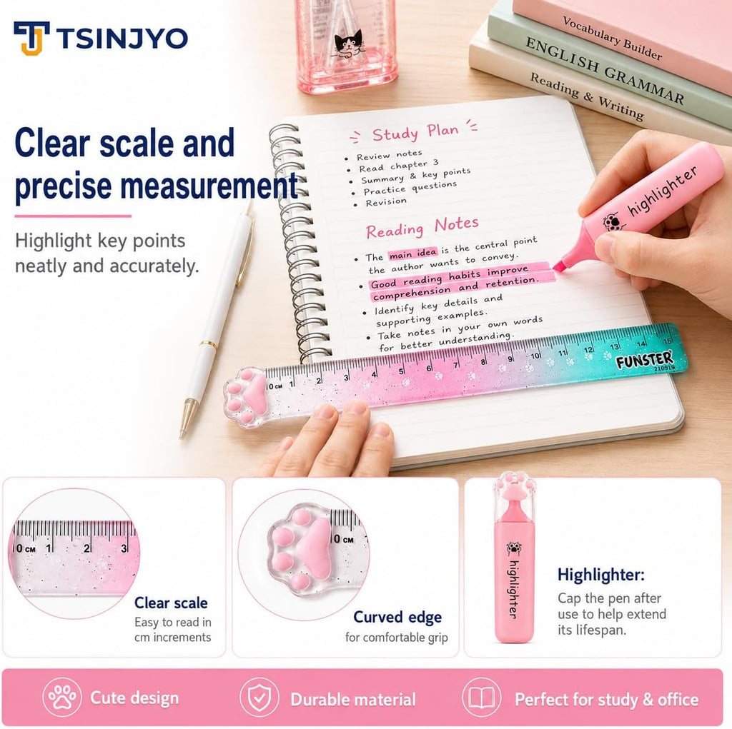 13Pcs College School Supplies Set Includes Desktop Stapler and Staples, Eraser, Ruler, Sticky Notes, Sharpener, Highlighter, Office Accessories Pink Stationery Kit for Birthday Gift Women