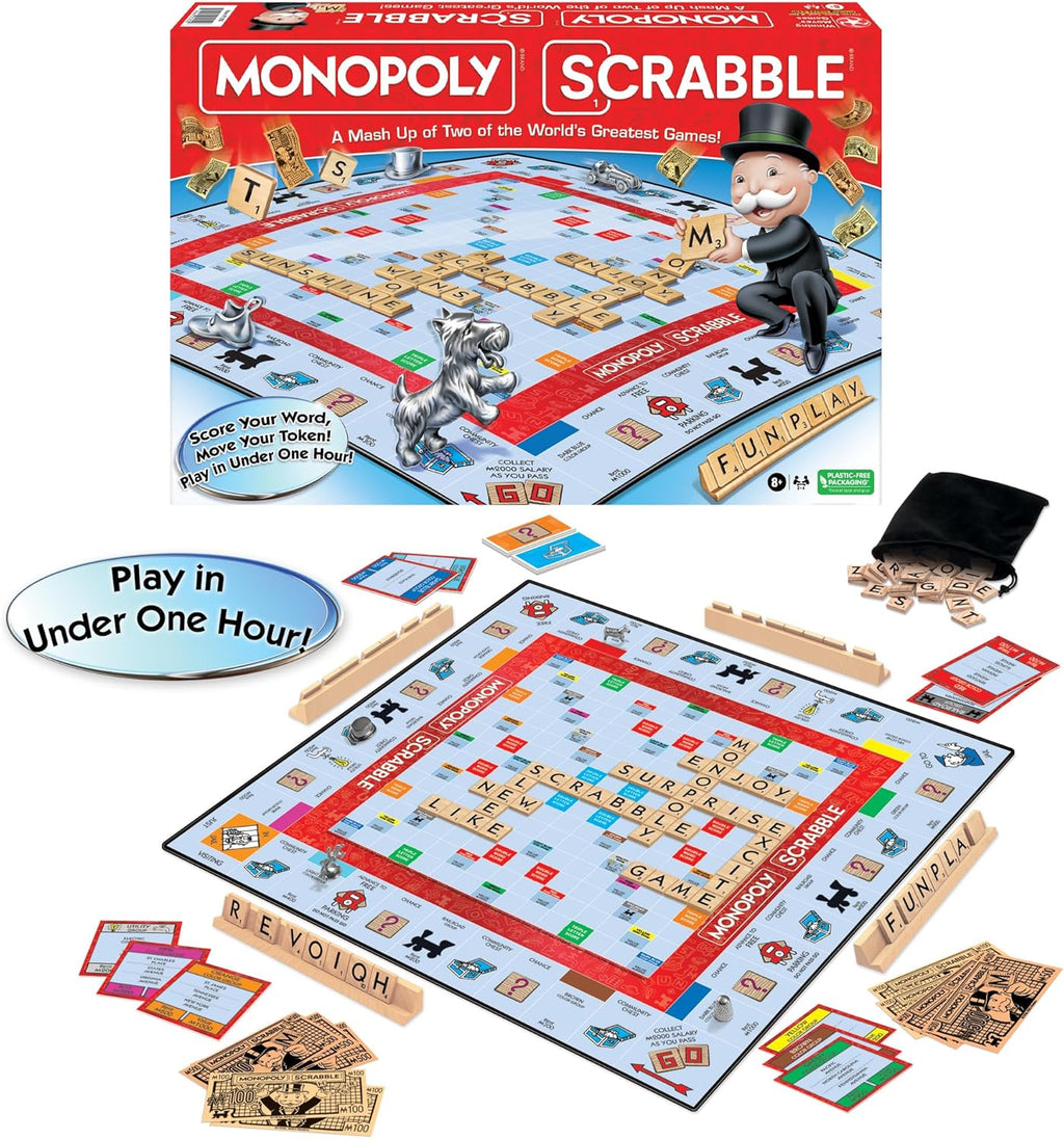 Monopoly Scrabble, Game Mash Up, by  Games USA | Play in under One Hour, Score Your Scrabble Word - Move Your Token, 2 to 4 Players, Ages 8+