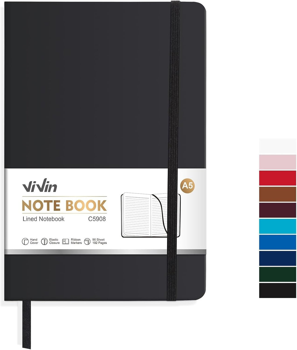 Lined Black Journal Notebook for Writing, 192 Pages, A5 Hardcover Notebooks For