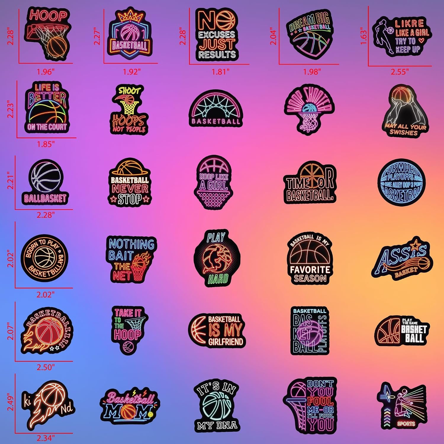 Neon Basketball Stickers for Basketball Fans Boys Water Bottles 50 PCS Waterproof Vinyl Sports Stickers Team Gifts