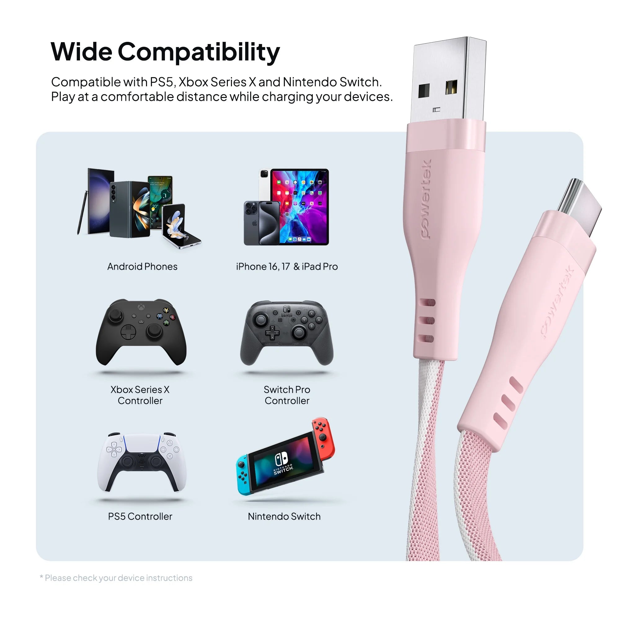 Powertek USB-A to USB-C Two-Tone Pastel Fast Charge Cable, 6 Ft, Pink