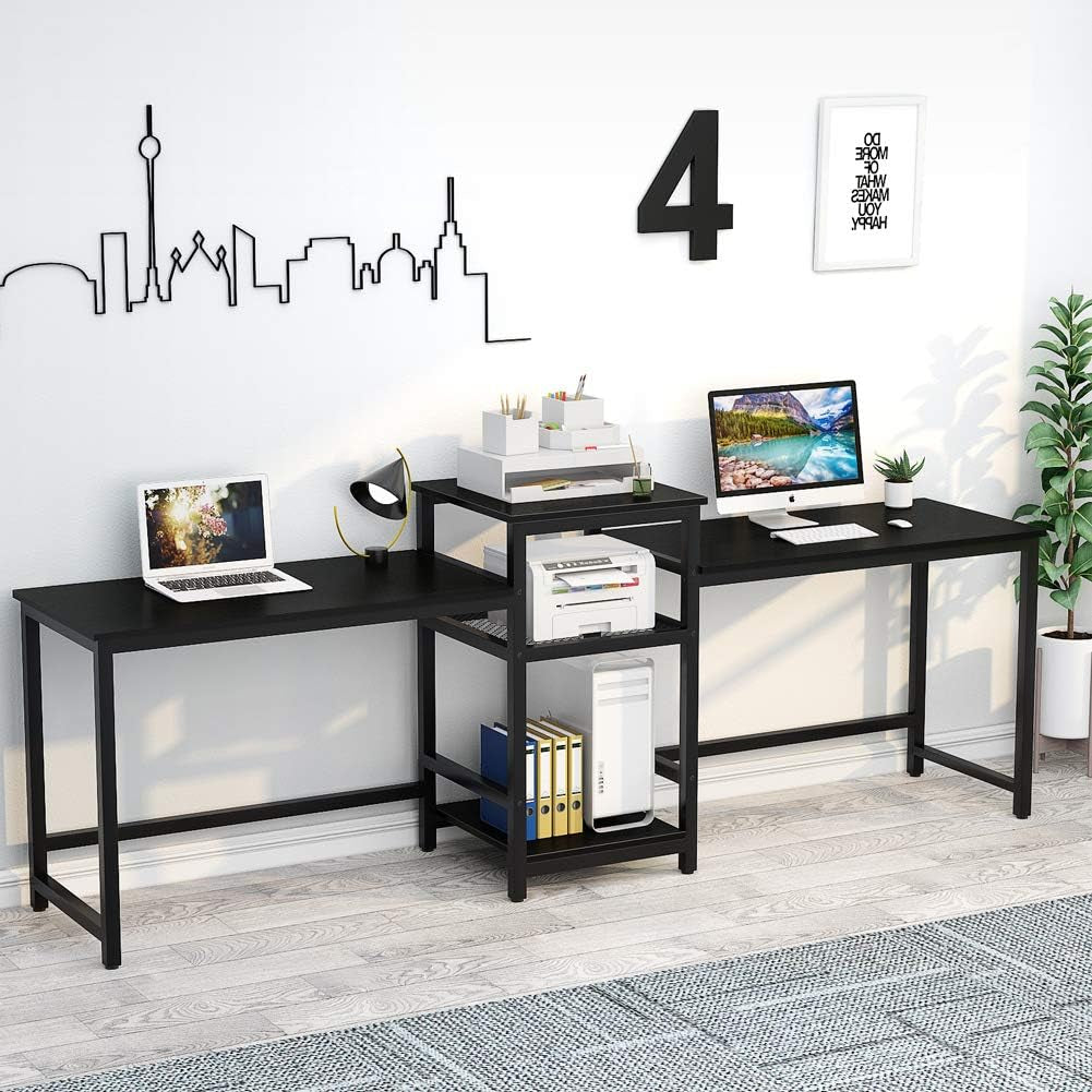 Tribesigns 96.9" Double Computer Desk with Printer Shelf, Extra Long Two Person Desk Workstation with Storage Shelves, Large Office Desk Study Writing Table for Home Office (Black)