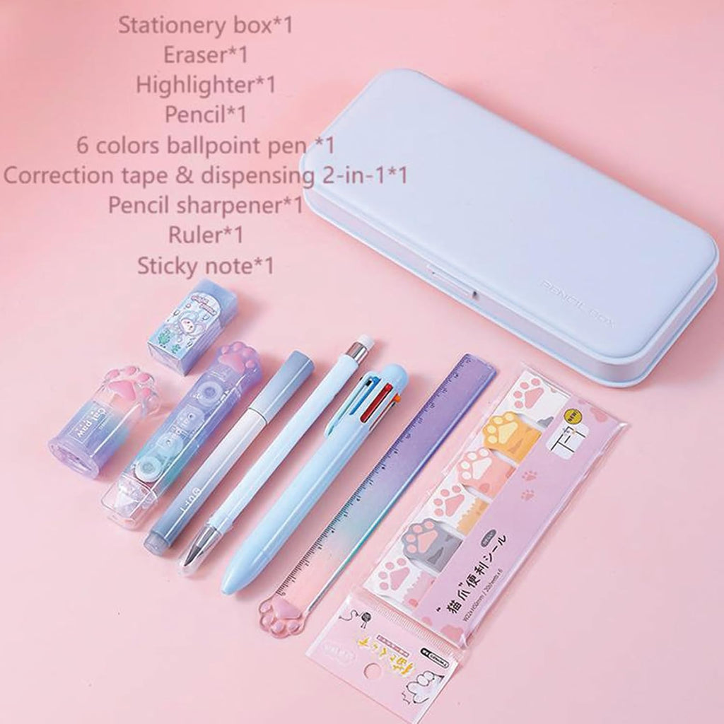 9 Pcs Cute Blue Stationery Set for Girls Boys Women Back to School Supplies Office Supplies Cartoon Cat Paw Stationery Set Aesthetic Kawaii Stationery Gift (Blue)