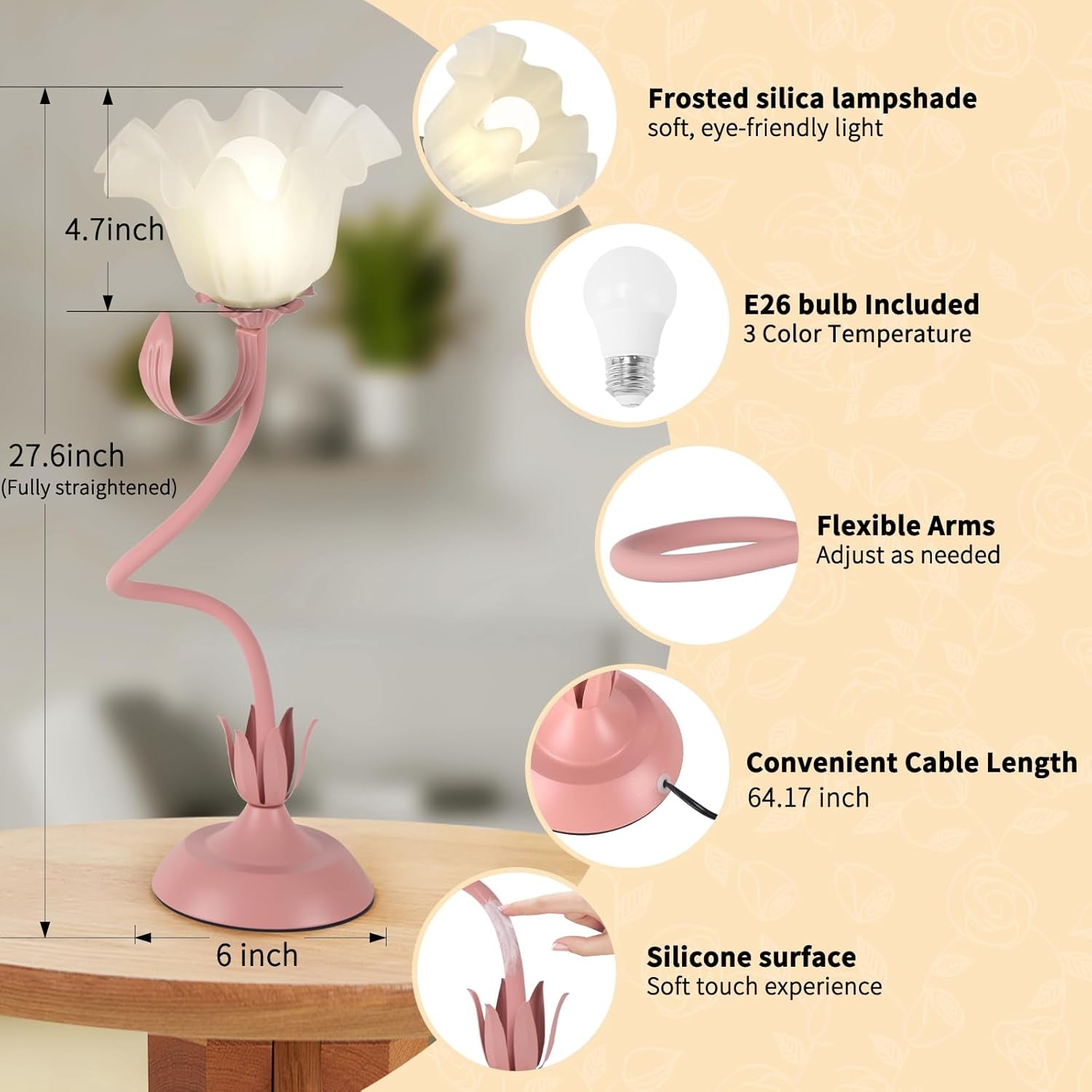 Cute Flower Desk Lamp, 3 Color Temperature Table Lamps with LED Bulb, Vintage Be