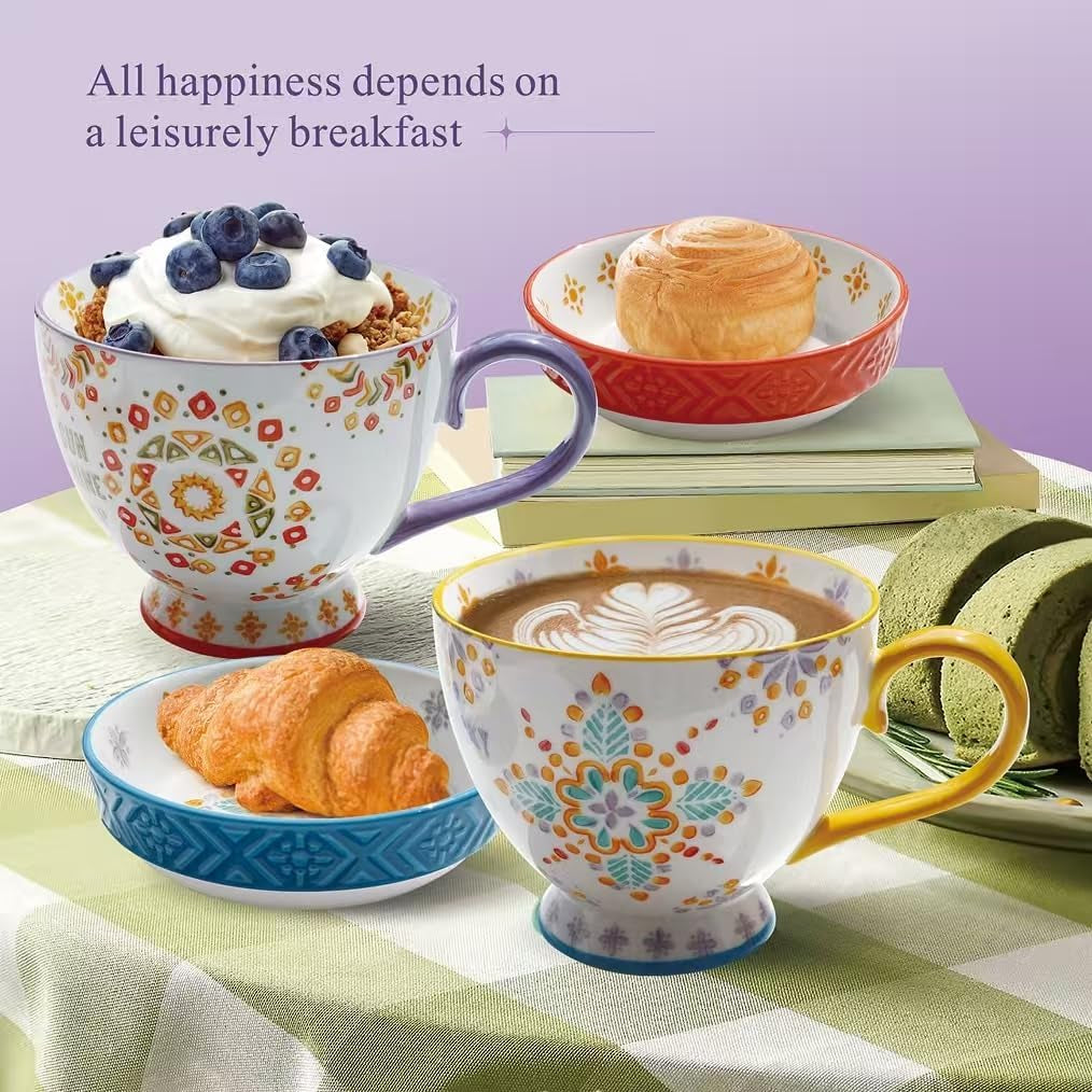 Large Ceramic Coffee Mugs Set of 2,15 Oz Stoneware Coffee Cups with 2 Saucers,Underglaze Hand-Painted Cup for Coffee/Cereal/Beer,Festivals and Housewarming Gifts for Family and Friends