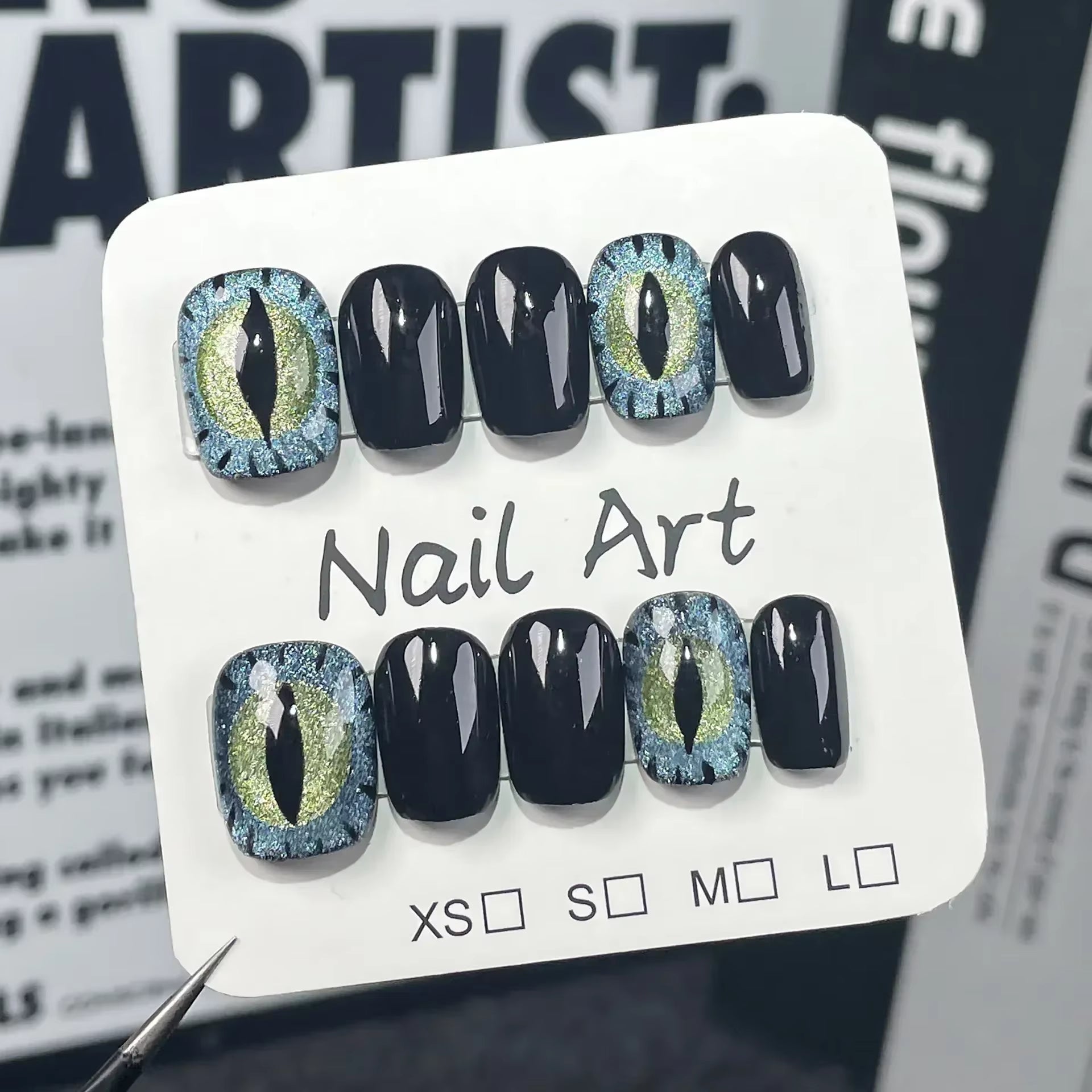 10Pcs Black Handmade Press on Nails Short round Head Cat Eye Design Full Cover Fake Nails Artificial Wearable Manicure Nail Tips