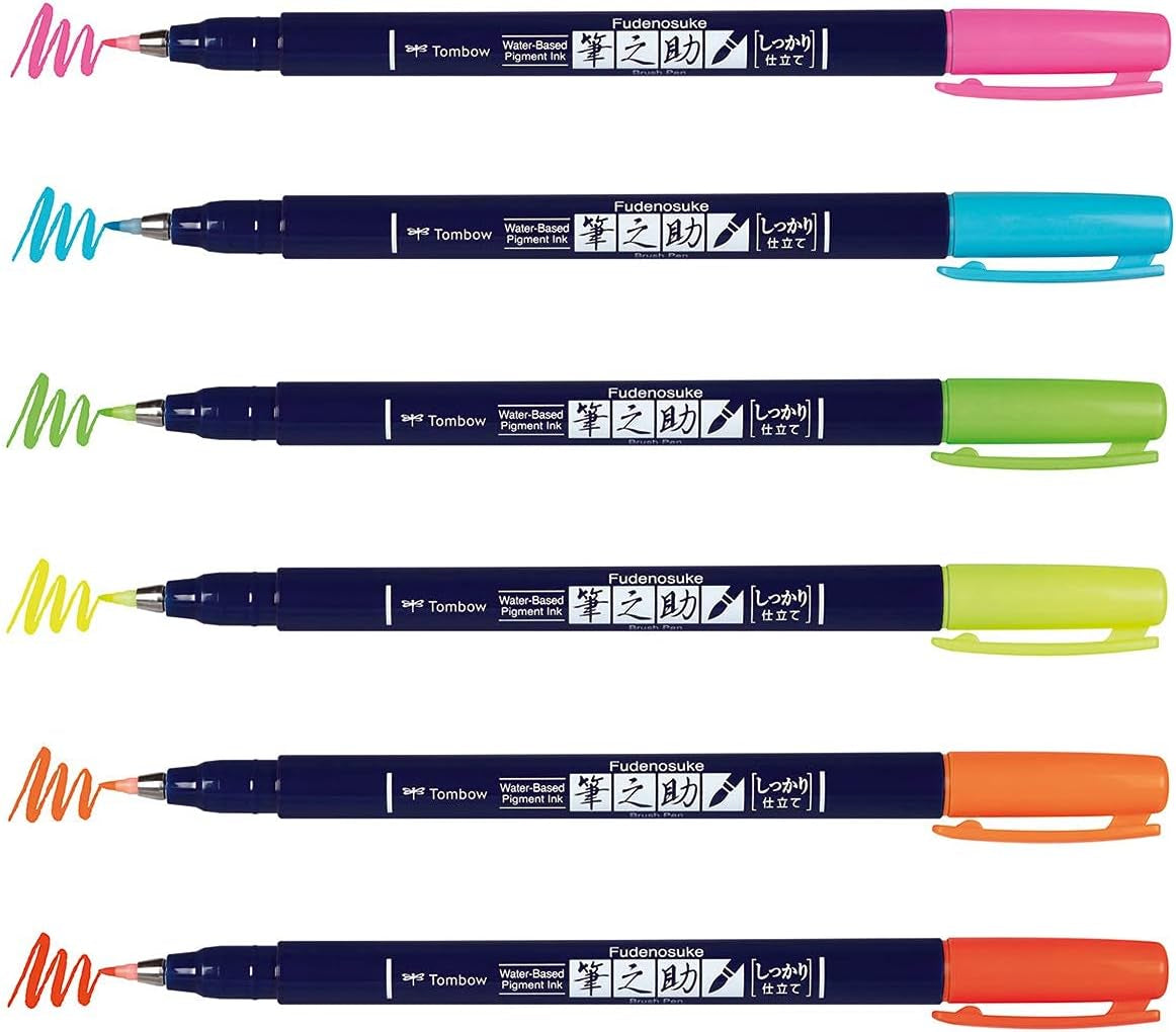 56437 Fudenosuke Neon Brush Pen, 6-Pack. Hard Tip Fudenosuke Brush Pens in Assorted Neon Colors for Calligraphy and Art Drawings
