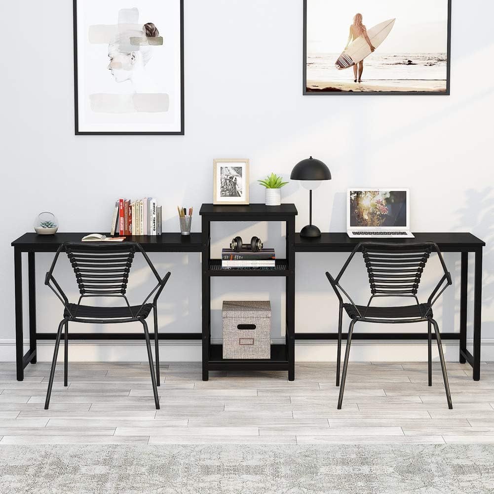 Tribesigns 96.9" Double Computer Desk with Printer Shelf, Extra Long Two Person Desk Workstation with Storage Shelves, Large Office Desk Study Writing Table for Home Office (Black)