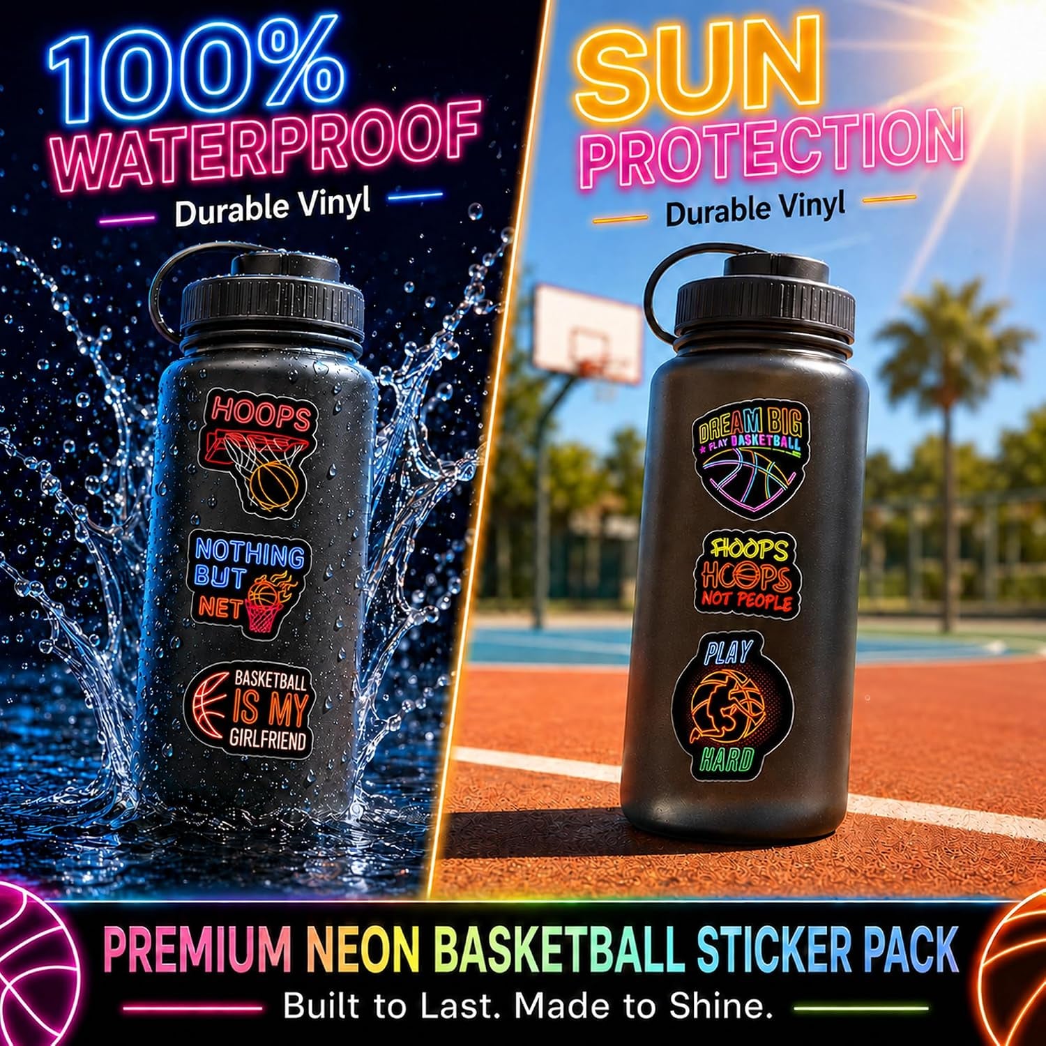 Neon Basketball Stickers for Basketball Fans Boys Water Bottles 50 PCS Waterproof Vinyl Sports Stickers Team Gifts