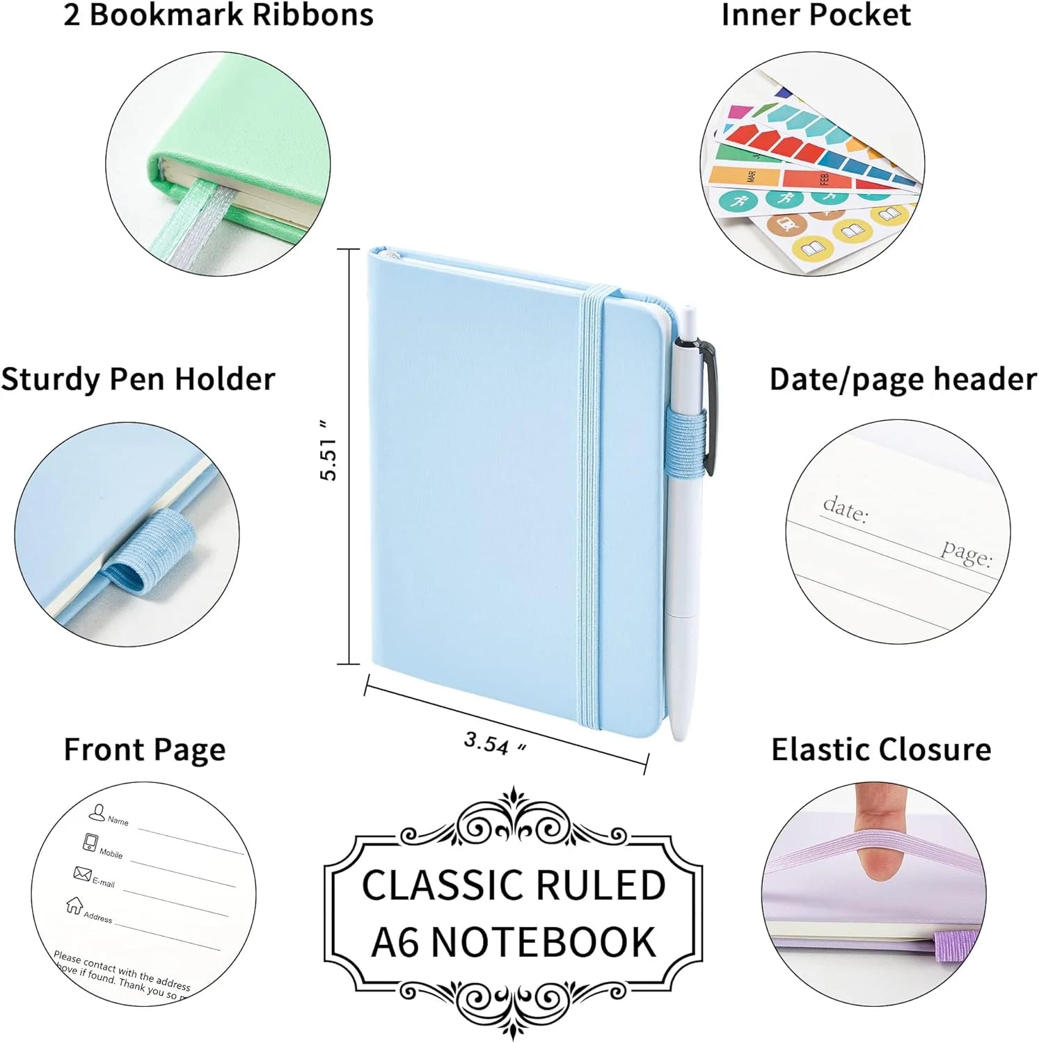 3 Pack Pocket Small Notebook Journals, Mini Cute Hardcover College Ruled Notepad Women Office Supplies, with 3 Black Pens, 3.5”X 5.5”, A6, Pastel Colors, Light Blue, Light Purple, Light Green