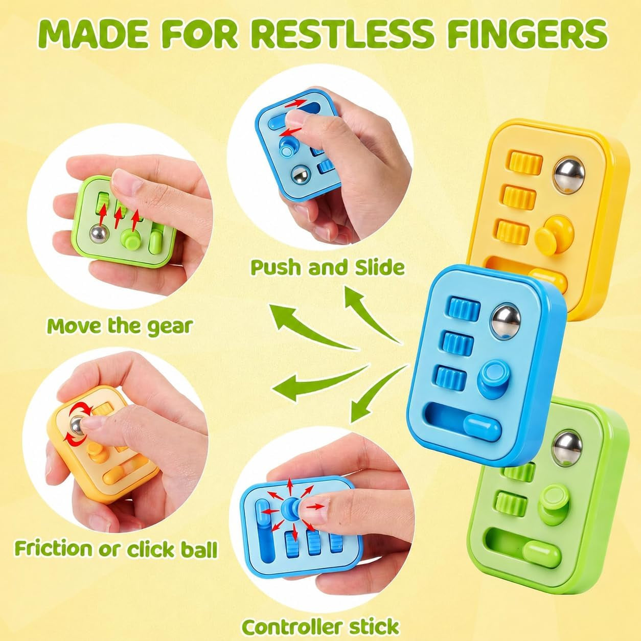 Fidget Sensory Toys for Kids Adult: 3 Pack Finger Fidget Toys for Autism Kids Calming - ADHD Tools for Classroom Desk with Clicker, Gear, Controller Stick - Small Fidgets for Travel