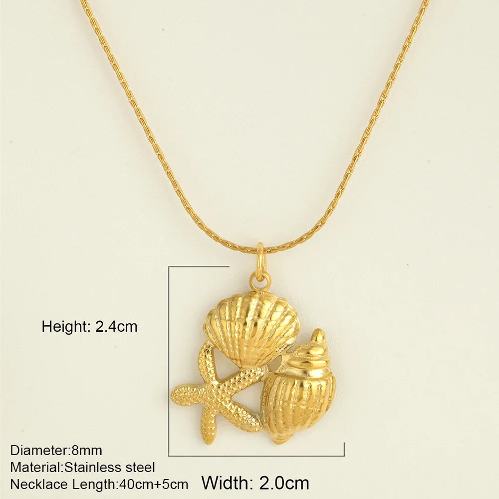 Ocean Series Golden Choker Stainless Steel Pendant Necklace for Women Shell Starfish Pendants Women'S Chunky Jewelry Accessories