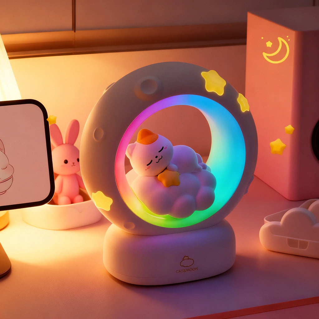 LED Moon Night Light Cute Animal Cartoon Rabbit Lamps USB Rechargeable Warm Bedroom Decoration Sleeping Lights