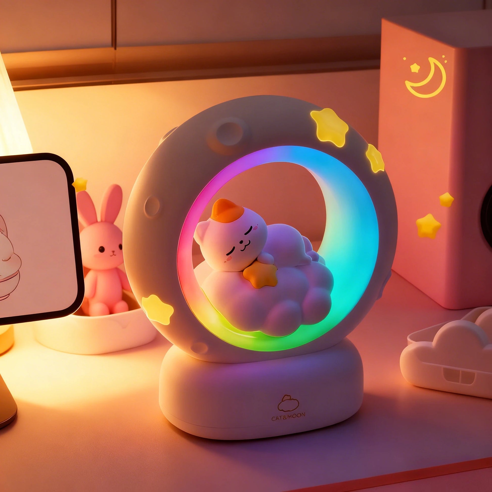 LED Moon Night Light Cute Animal Cartoon Rabbit Lamps USB Rechargeable Warm Bedroom Decoration Sleeping Lights