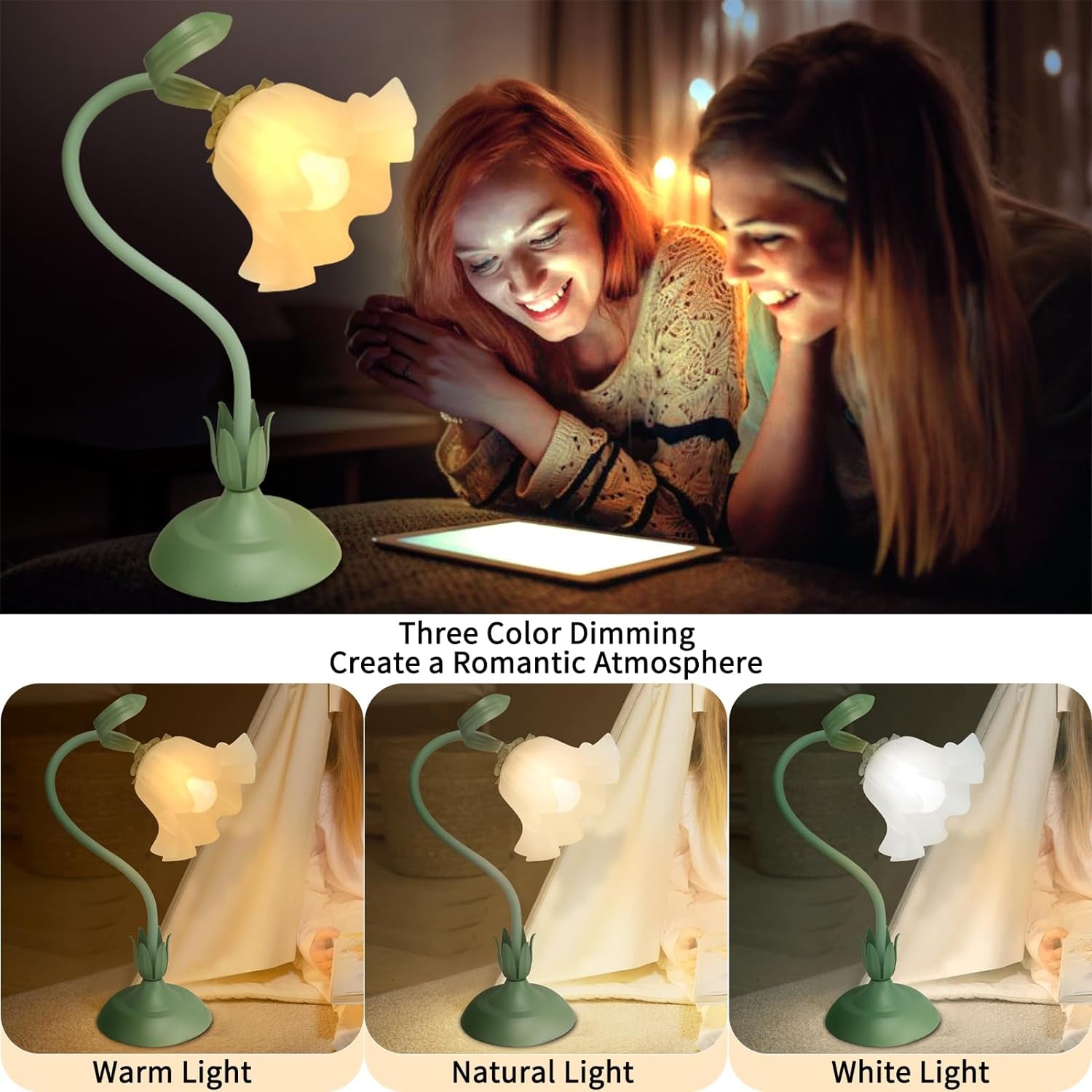 Cute Flower Desk Lamp, 3 Color Temperature Table Lamp with LED Bulb, Vintage Bedside Lamps, Reading Lamps with Soft Light for Bedroom, Living Room