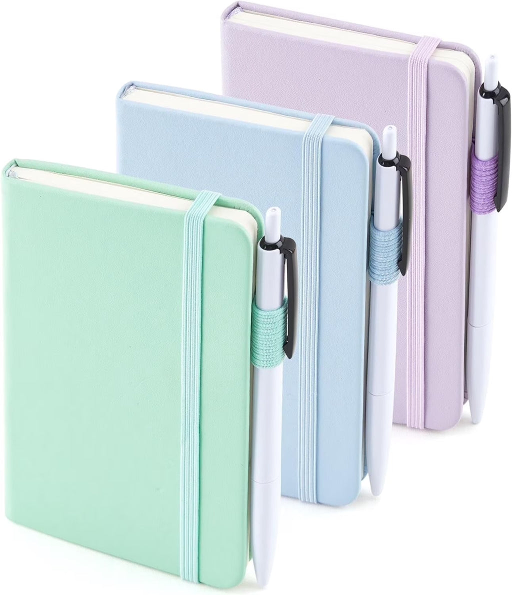 3 Pack Pocket Small Notebook Journals, Mini Cute Hardcover College Ruled Notepad Women Office Supplies, with 3 Black Pens, 3.5”X 5.5”, A6, Pastel Colors, Light Blue, Light Purple, Light Green