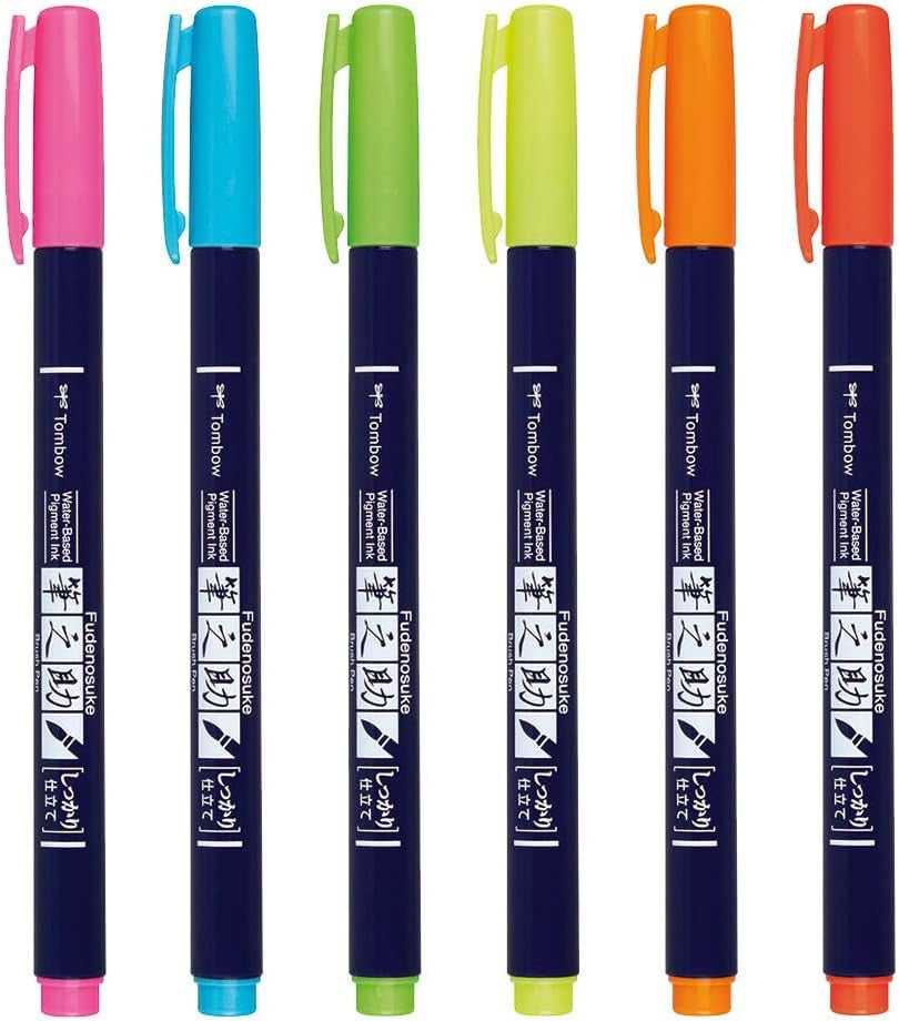 56437 Fudenosuke Neon Brush Pen, 6-Pack. Hard Tip Fudenosuke Brush Pens in Assorted Neon Colors for Calligraphy and Art Drawings