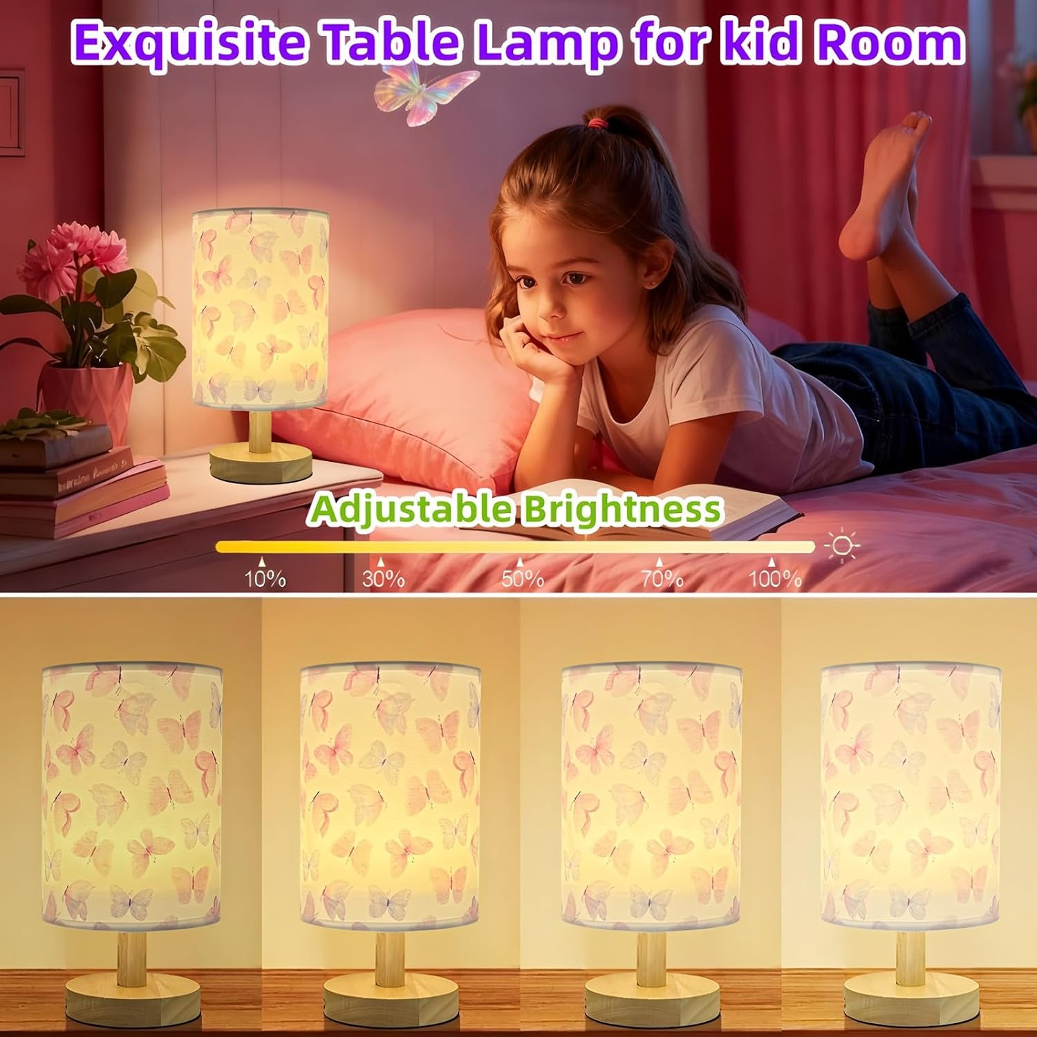 Butterfly Kids Table Lamp for Bedroom,Kids Bedside Lamps 3 Colors Dimmable Nightstand Night Light with Cartoon Flaxen Fabric Shade Desk Lamp for Girls Boys Room Nursery Decor,Butterfly Gifts for Girls