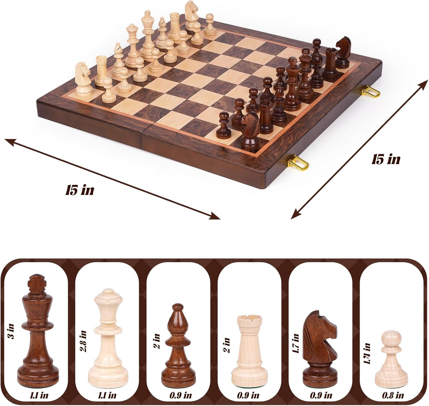 Magnetic Chess Set, 15 Inch Wooden Chess Set with Storage, Folding Travel Chess Set with Strong Magnetic Pieces, Tournament Chess Board, Portable Chess Set with 2 Extra Queens for Adults & Kids