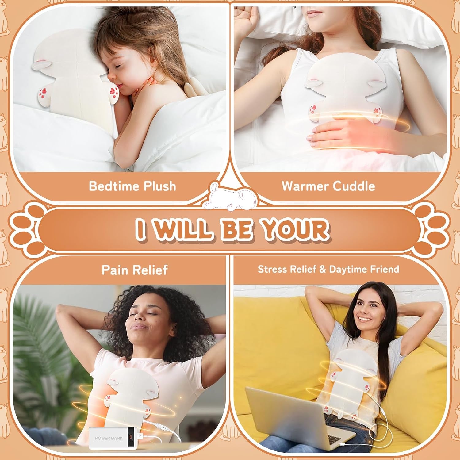 Electric Heating Pad for Period Cramps, Cuddly Soft 14" White Cat Plush with a Hot Soft Belly USB Powered, Heating Pad Neck Shoulder Pain Relief, Gift for Women Daughter Wife