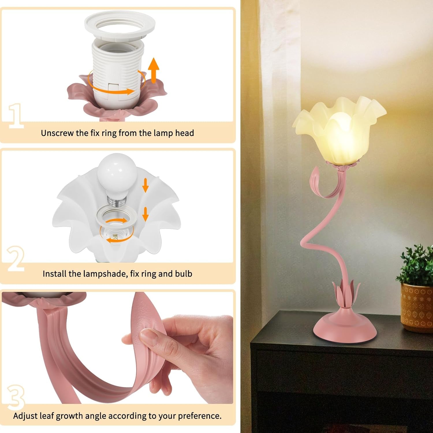 Cute Flower Desk Lamp, 3 Color Temperature Table Lamps with LED Bulb, Vintage Be